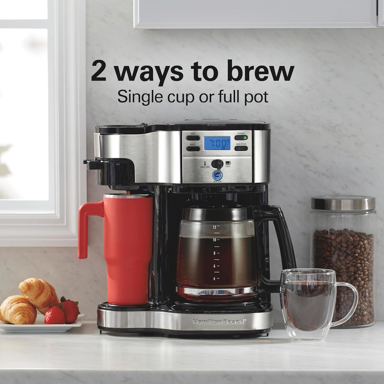 imageHamilton Beach 2Way Programmable Coffee Maker 12 Cup Glass Carafe And Single Serve Coffee Maker White with Stainless Steel Accents 49933Black