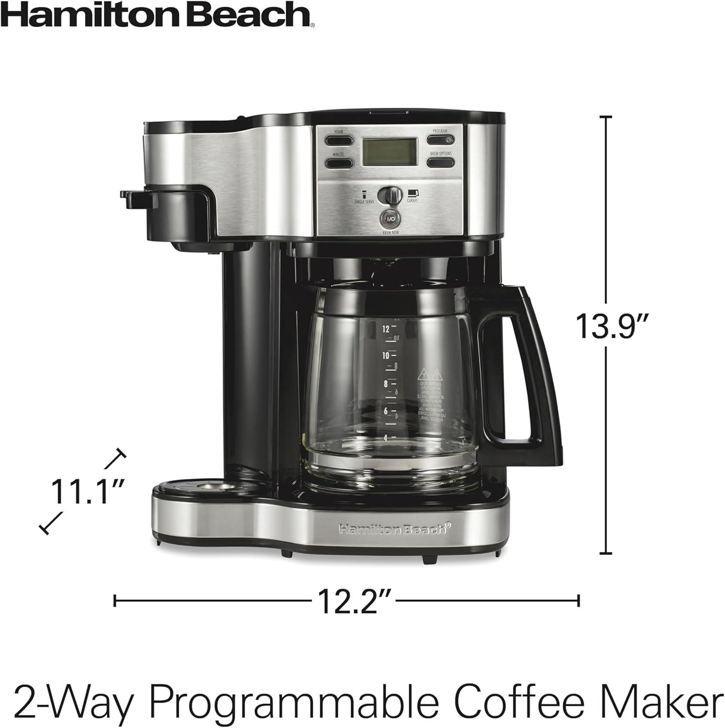 imageHamilton Beach 2Way Programmable Coffee Maker 12 Cup Glass Carafe And Single Serve Coffee Maker White with Stainless Steel Accents 49933Black