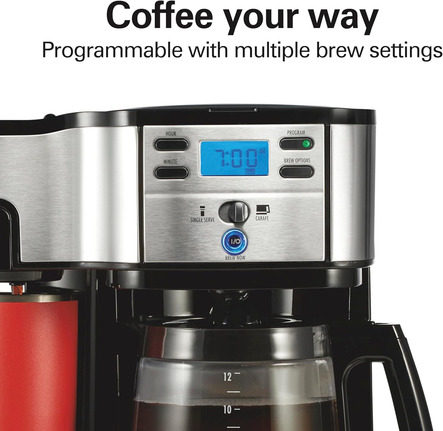 imageHamilton Beach 2Way Programmable Coffee Maker 12 Cup Glass Carafe And Single Serve Coffee Maker White with Stainless Steel Accents 49933Black