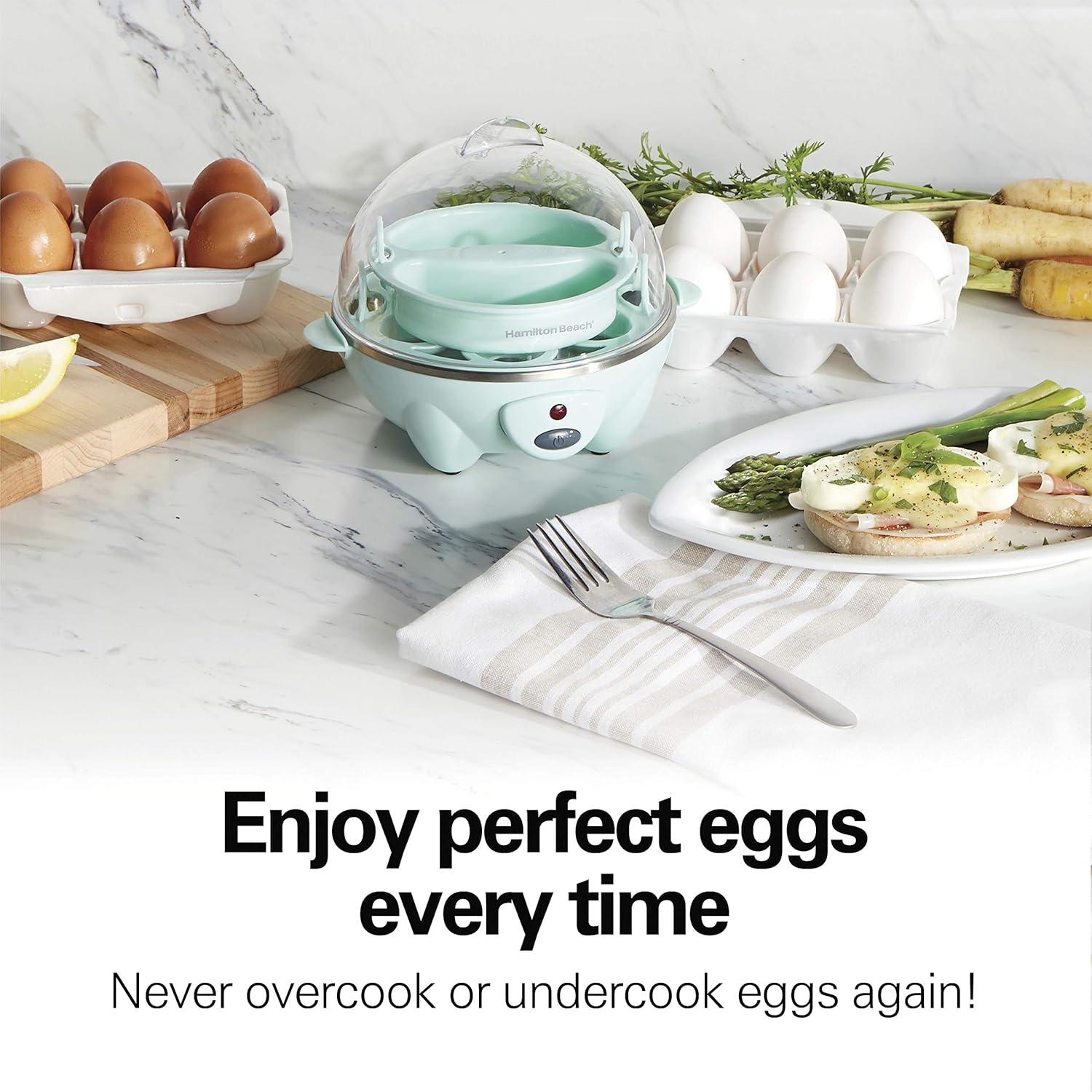 imageHamilton Beach 3in1 Electric Egg Cooker for Hard Boiled Eggs Poacher Eggs Omelet Maker amp Vegetable Steamer Holds 7 Mint 25504Holds 7 Mint