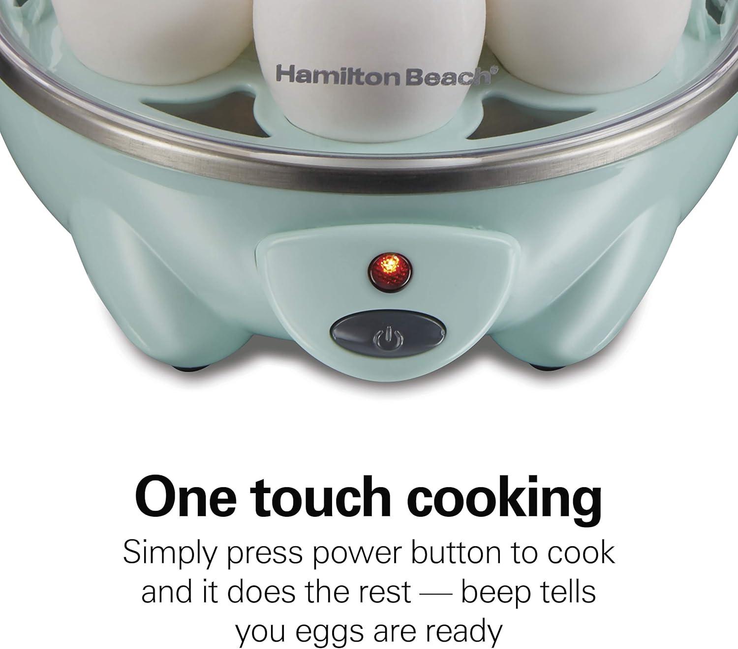 imageHamilton Beach 3in1 Electric Egg Cooker for Hard Boiled Eggs Poacher Eggs Omelet Maker amp Vegetable Steamer Holds 7 Mint 25504Holds 7 Mint