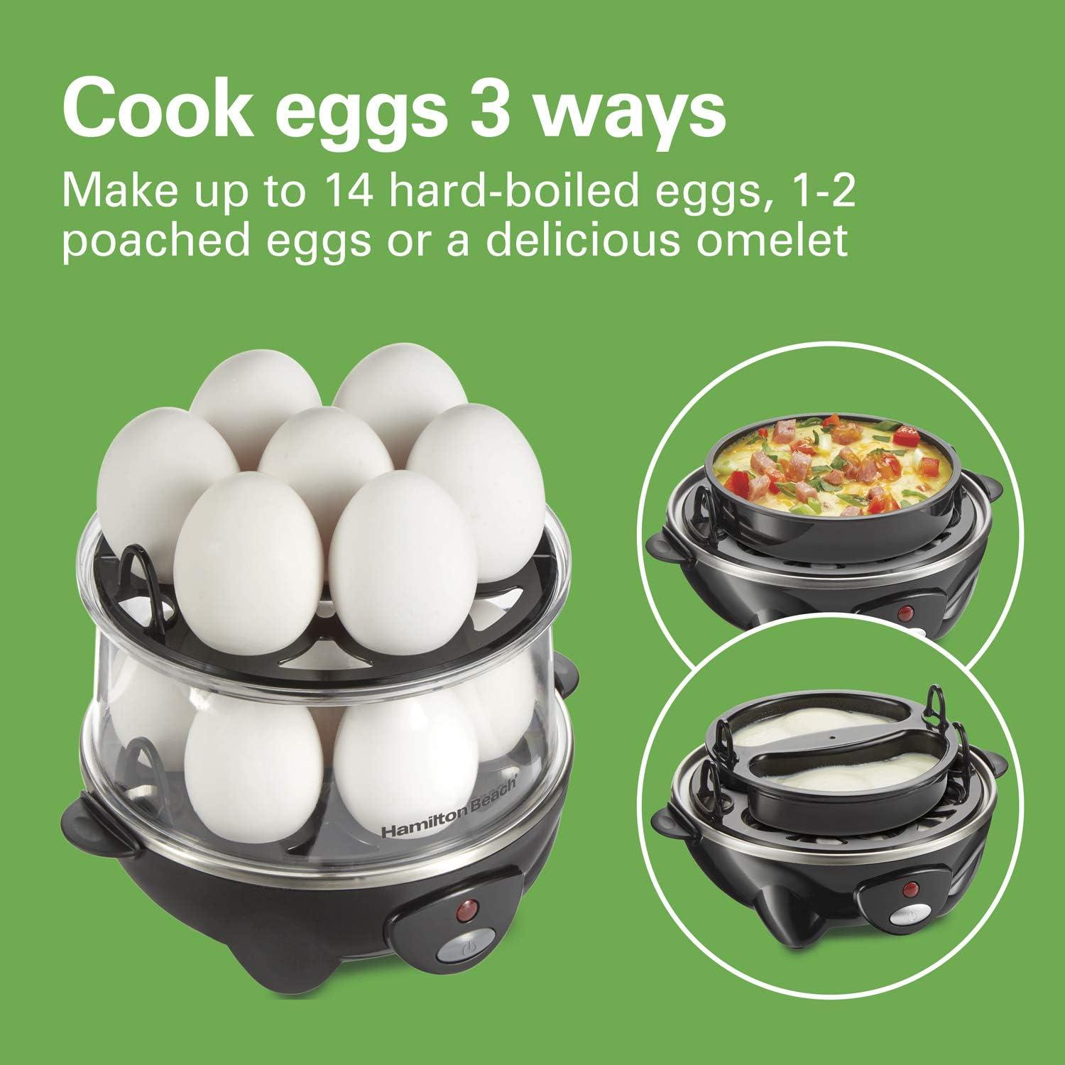 imageHamilton Beach 3in1 Electric Egg Cooker for Hard Boiled Eggs Poacher Omelet Maker amp Vegetable Steamer Holds 14 Black 255083in1