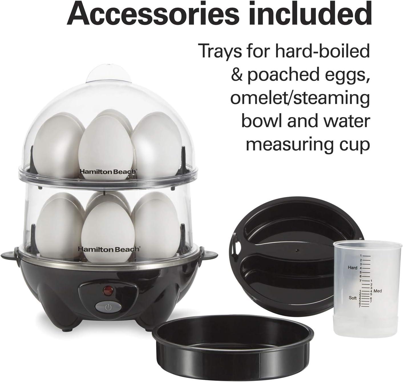 imageHamilton Beach 3in1 Electric Egg Cooker for Hard Boiled Eggs Poacher Omelet Maker amp Vegetable Steamer Holds 14 Black 255083in1