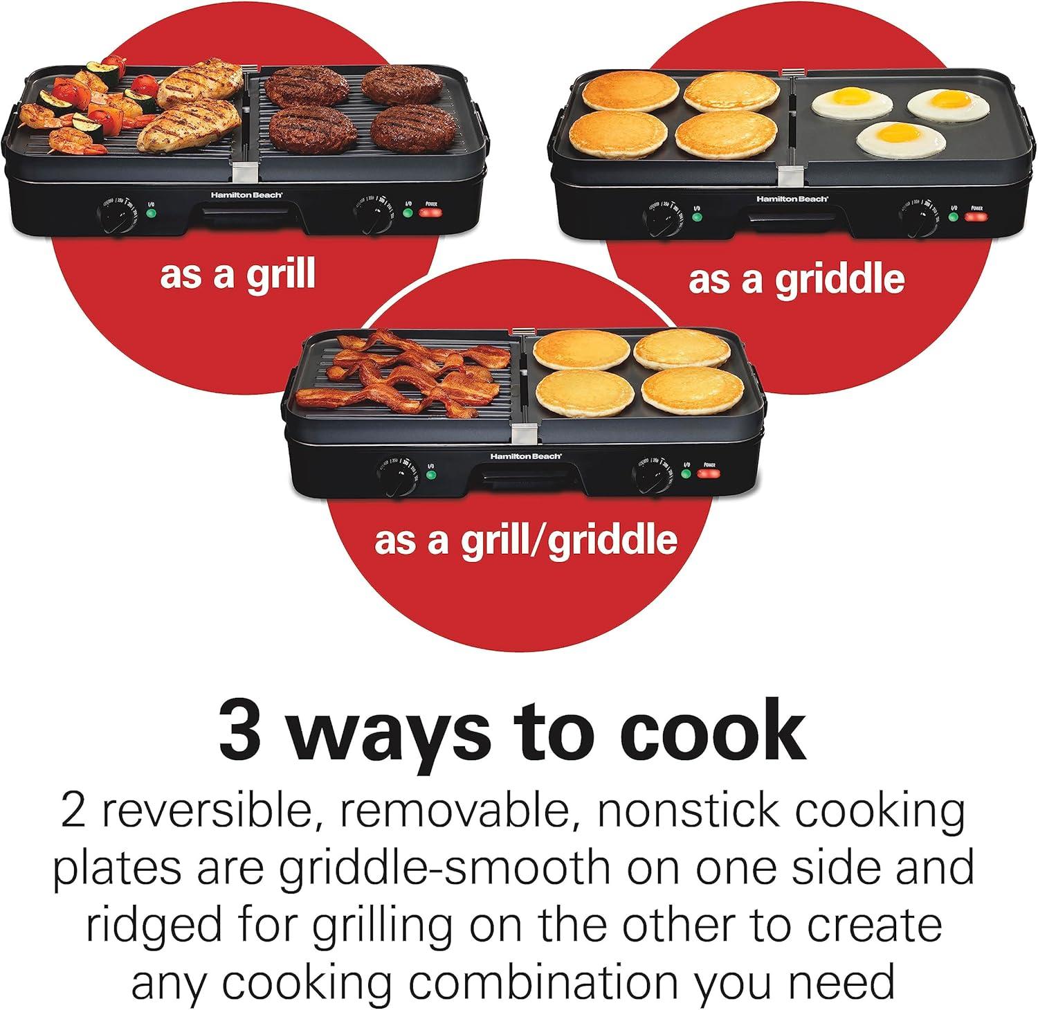 imageHamilton Beach 3in1 Electric Indoor Grill Griddle 8Serving Reversible Nonstick Plates 2 Cooking Zones with Adjustable Temperature 38546 Black