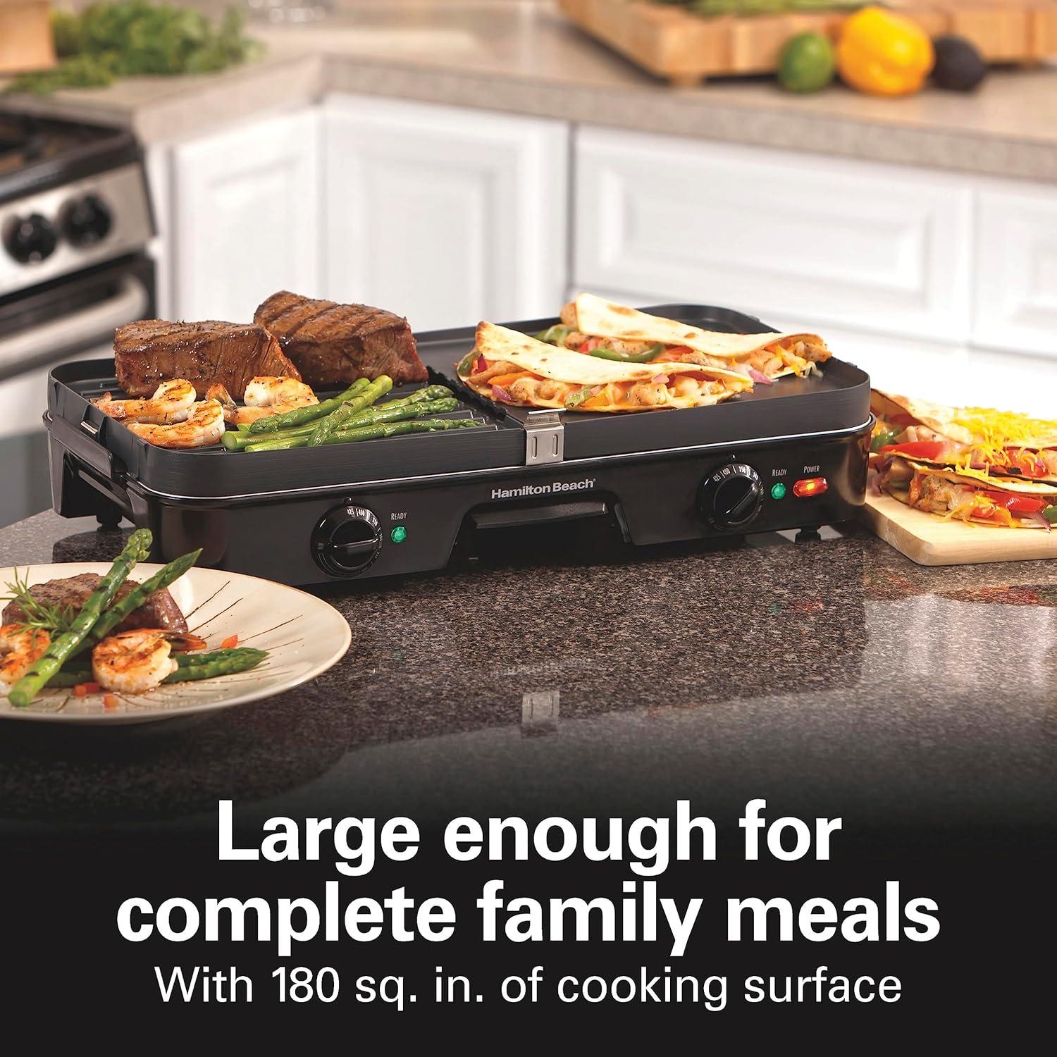 imageHamilton Beach 3in1 Electric Indoor Grill Griddle 8Serving Reversible Nonstick Plates 2 Cooking Zones with Adjustable Temperature 38546 Black