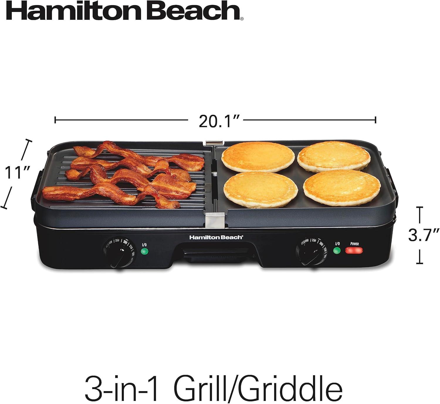 imageHamilton Beach 3in1 Electric Indoor Grill Griddle 8Serving Reversible Nonstick Plates 2 Cooking Zones with Adjustable Temperature 38546 Black