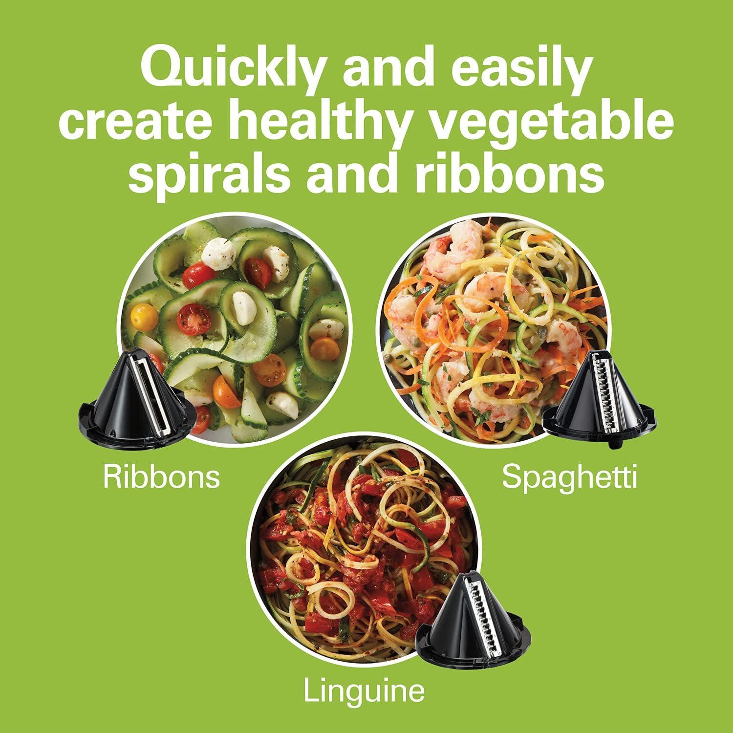 imageHamilton Beach 3in1 Electric Vegetable Spiralizer for Veggie Noodles Zoodle Maker amp Slicer With 3 Cutting Cones for Spaghetti Linguine and Ribbons 6Cups Black 709306cups