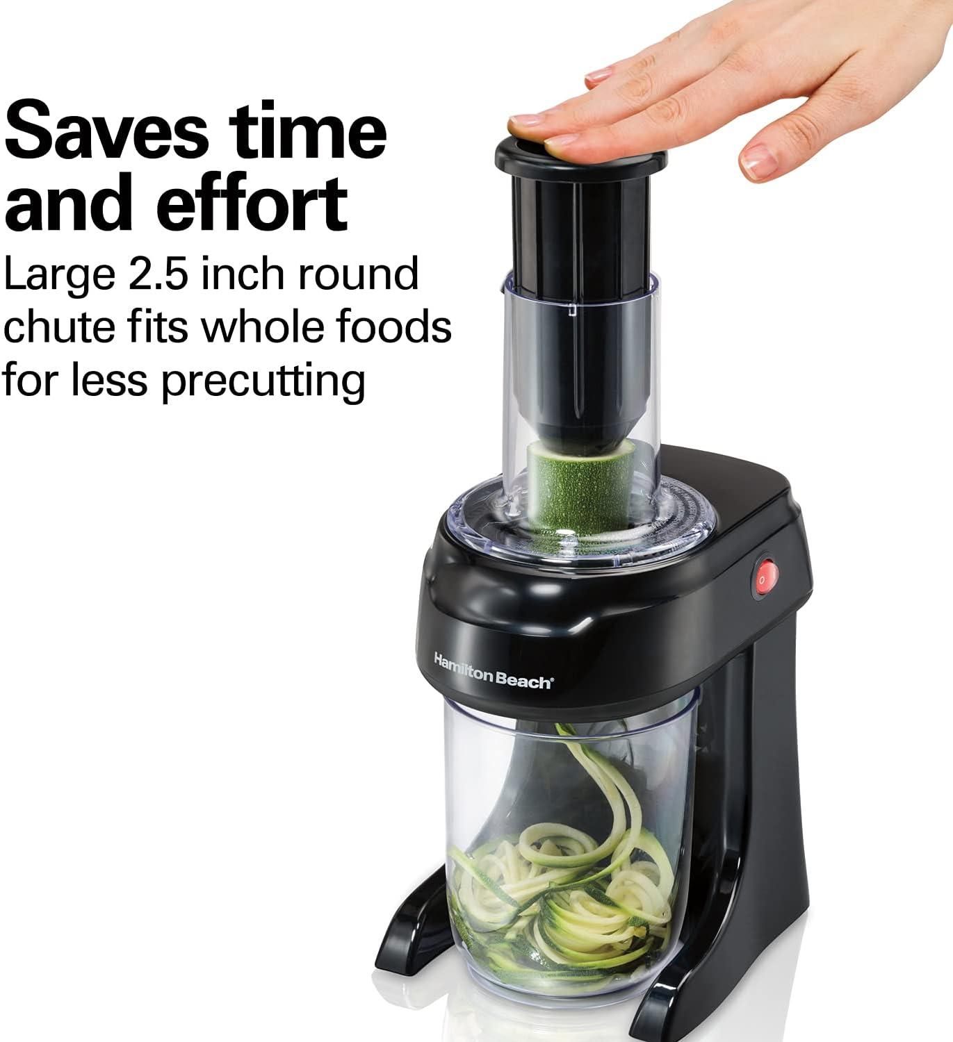 imageHamilton Beach 3in1 Electric Vegetable Spiralizer for Veggie Noodles Zoodle Maker amp Slicer With 3 Cutting Cones for Spaghetti Linguine and Ribbons 6Cups Black 709306cups