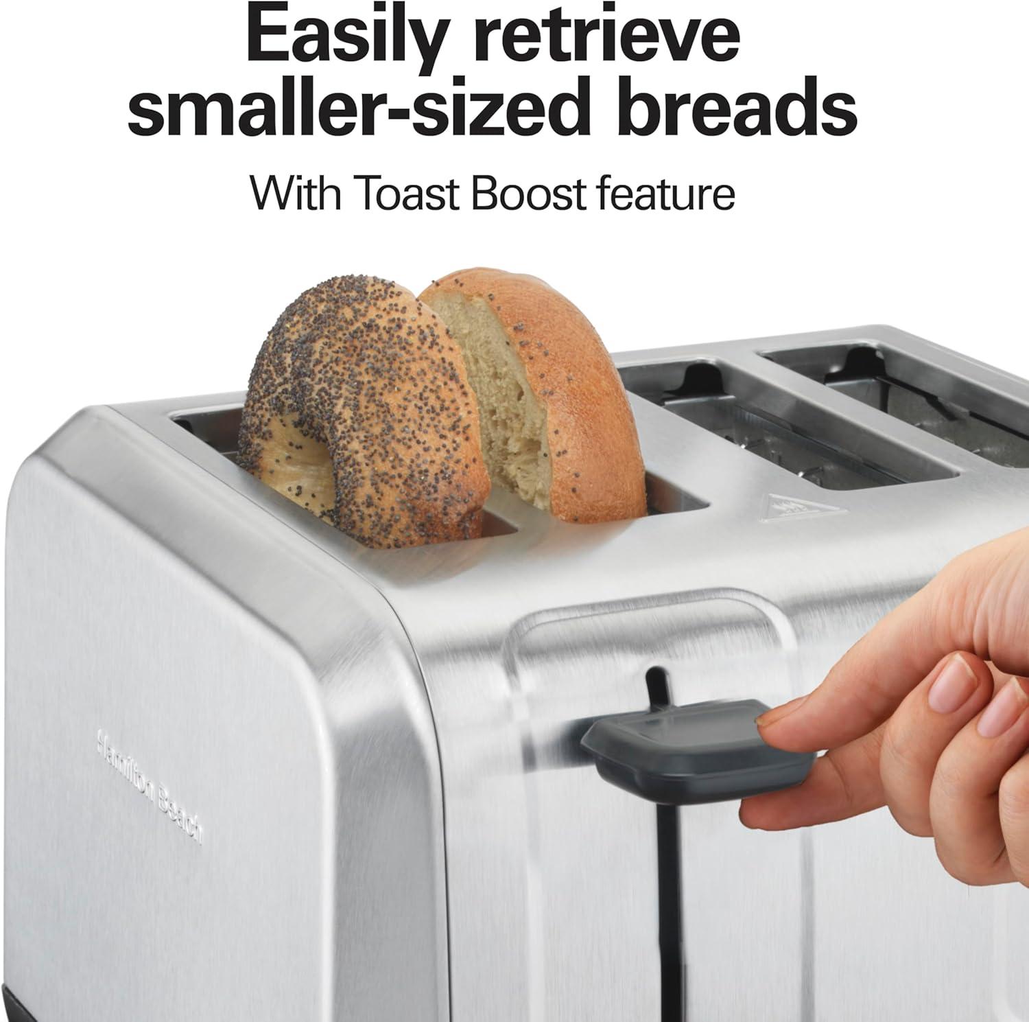 imageHamilton Beach 4 Slice Toaster with Extra Wide Slots for Bagels Shade Selector Toast Boost SlideOut Crumb Tray AutoShutoff and Cancel Button Brushed Stainless Steel 24910