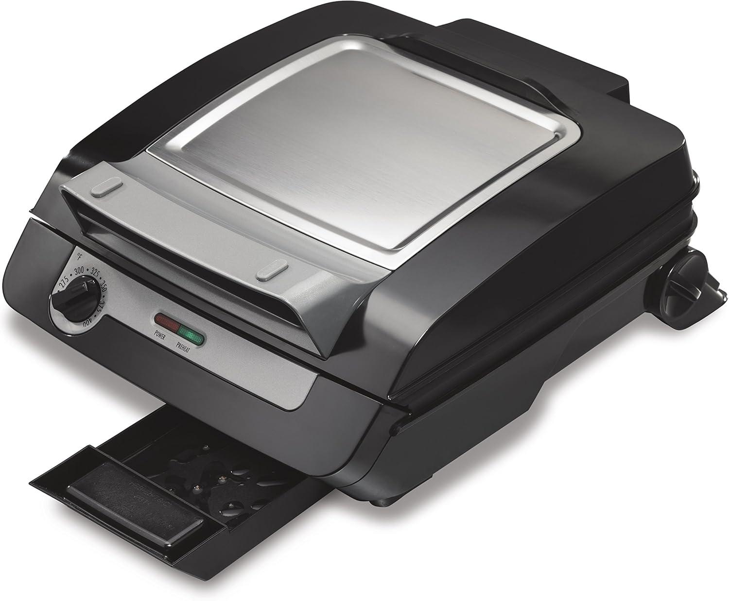 imageHamilton Beach 4in1 Indoor Grill amp Electric Griddle Combo with Bacon Cooker Opens Flat to Double Cooking Surface Removable Nonstick Plates Black amp Silver 256014in1