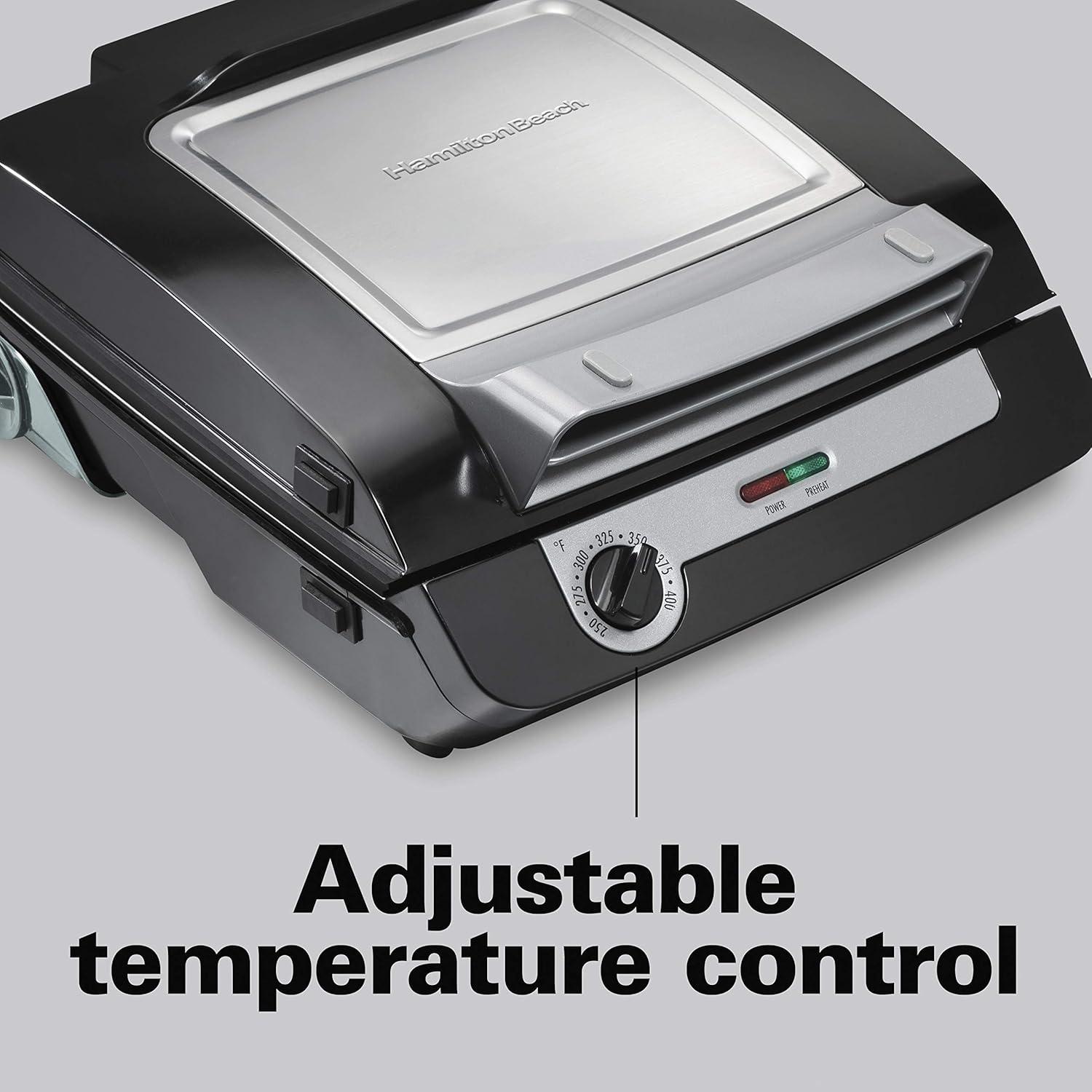 imageHamilton Beach 4in1 Indoor Grill amp Electric Griddle Combo with Bacon Cooker Opens Flat to Double Cooking Surface Removable Nonstick Plates Black amp Silver 256014in1