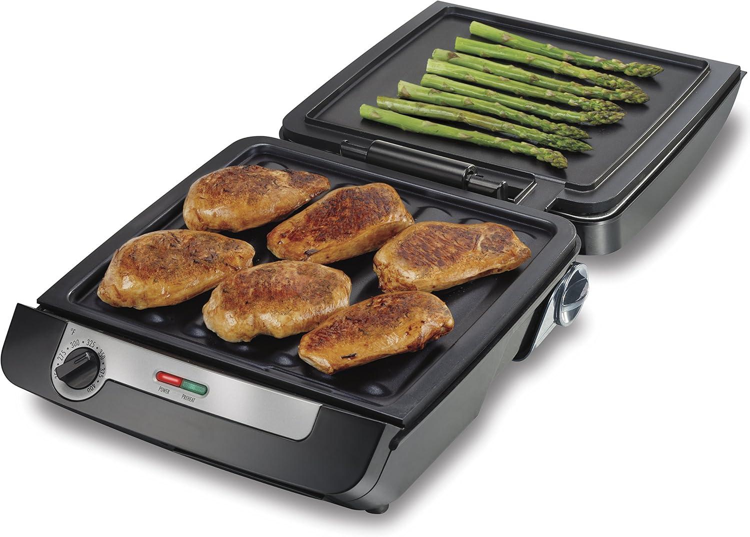 imageHamilton Beach 4in1 Indoor Grill amp Electric Griddle Combo with Bacon Cooker Opens Flat to Double Cooking Surface Removable Nonstick Plates Black amp Silver 256014in1