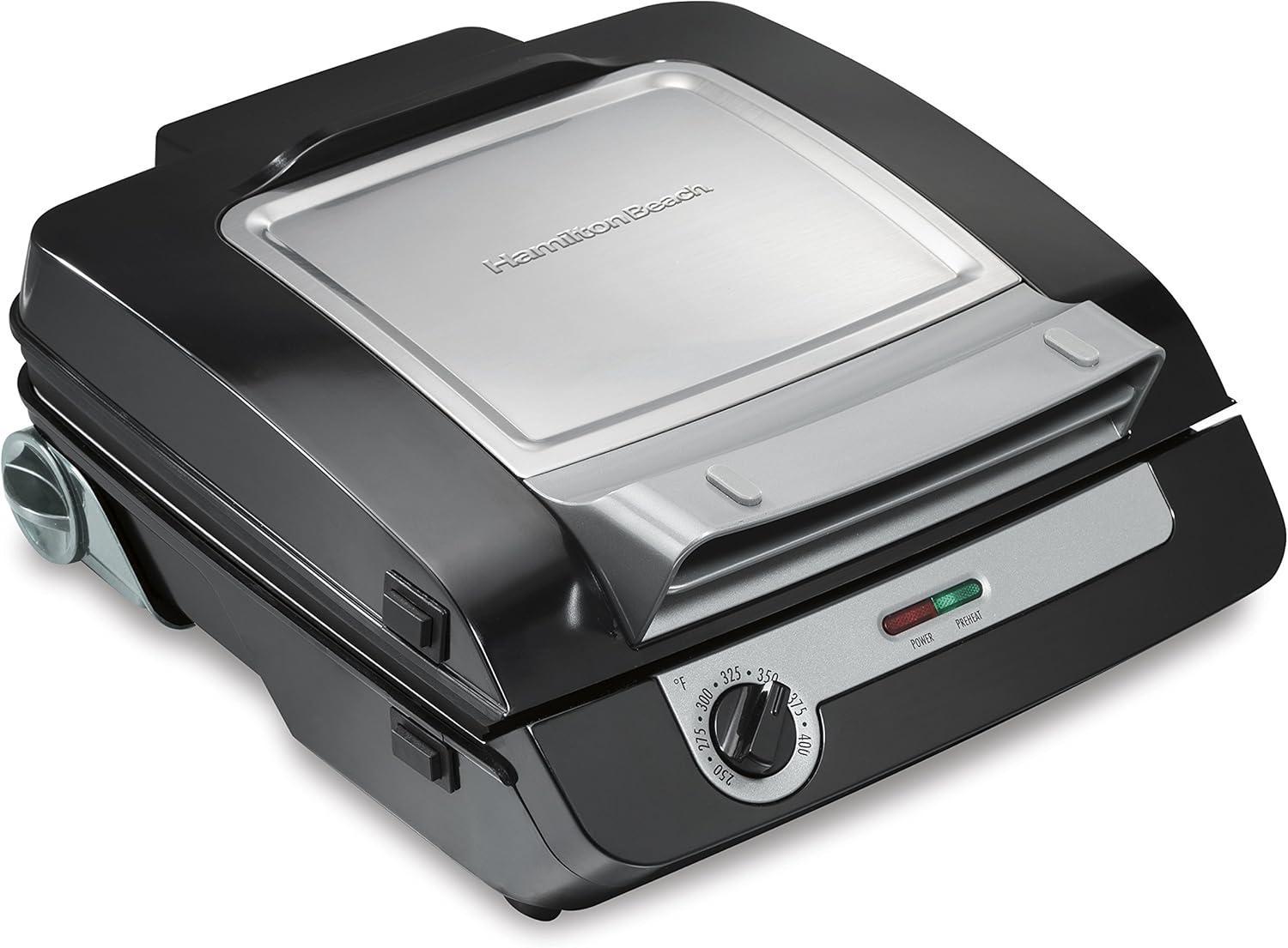 imageHamilton Beach 4in1 Indoor Grill amp Electric Griddle Combo with Bacon Cooker Opens Flat to Double Cooking Surface Removable Nonstick Plates Black amp Silver 256014in1
