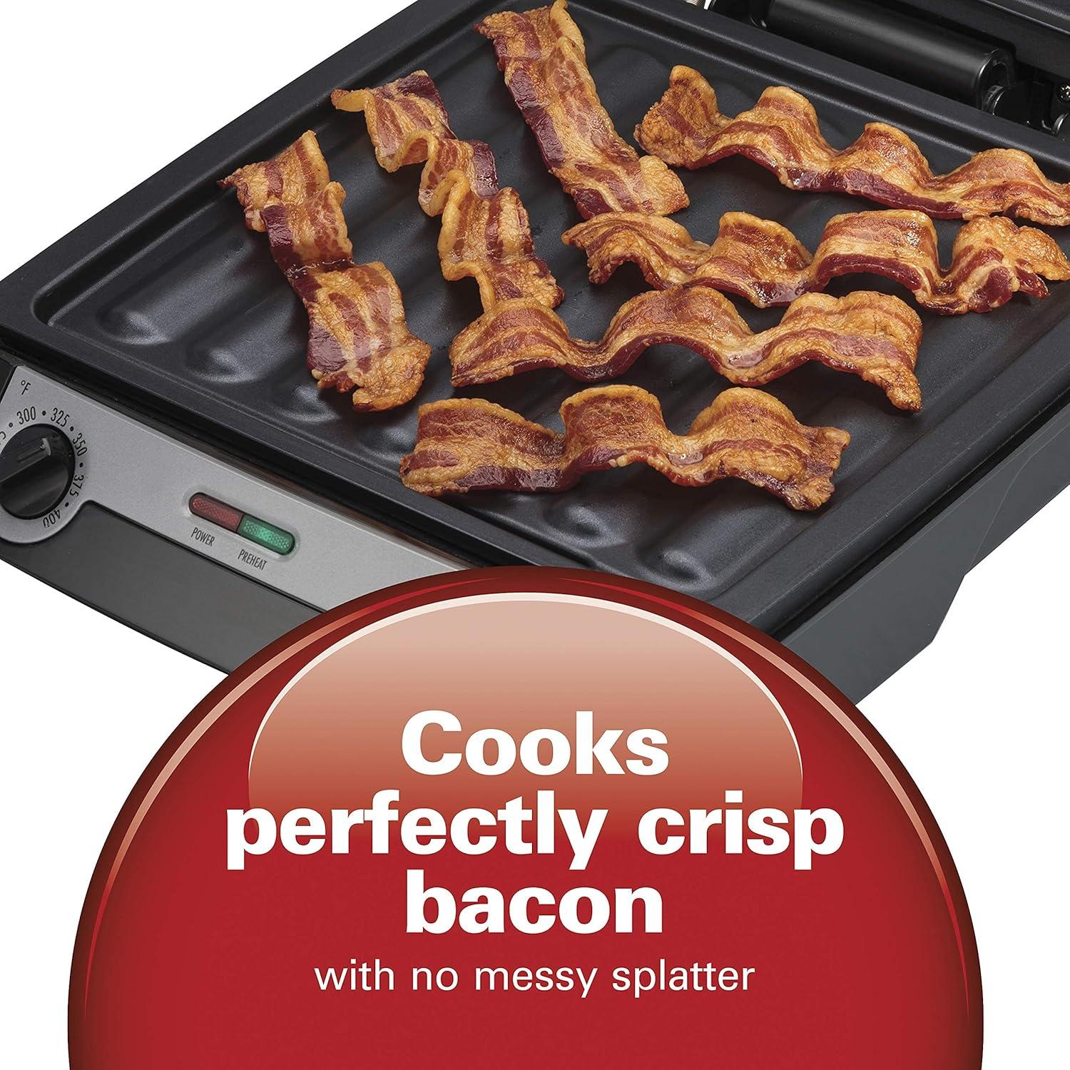 imageHamilton Beach 4in1 Indoor Grill amp Electric Griddle Combo with Bacon Cooker Opens Flat to Double Cooking Surface Removable Nonstick Plates Black amp Silver 256014in1