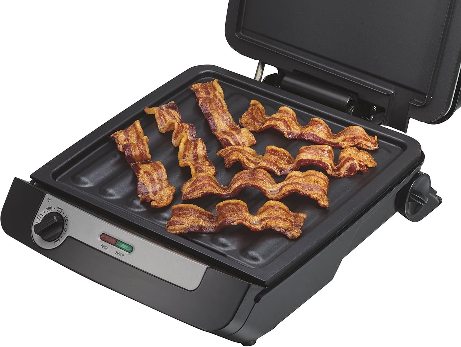imageHamilton Beach 4in1 Indoor Grill amp Electric Griddle Combo with Bacon Cooker Opens Flat to Double Cooking Surface Removable Nonstick Plates Black amp Silver 256014in1
