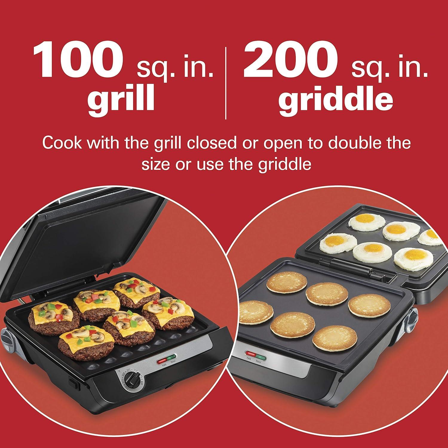 imageHamilton Beach 4in1 Indoor Grill amp Electric Griddle Combo with Bacon Cooker Opens Flat to Double Cooking Surface Removable Nonstick Plates Black amp Silver 256014in1