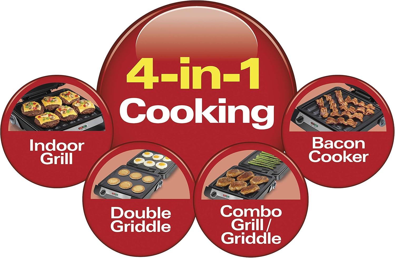 imageHamilton Beach 4in1 Indoor Grill amp Electric Griddle Combo with Bacon Cooker Opens Flat to Double Cooking Surface Removable Nonstick Plates Black amp Silver 256014in1