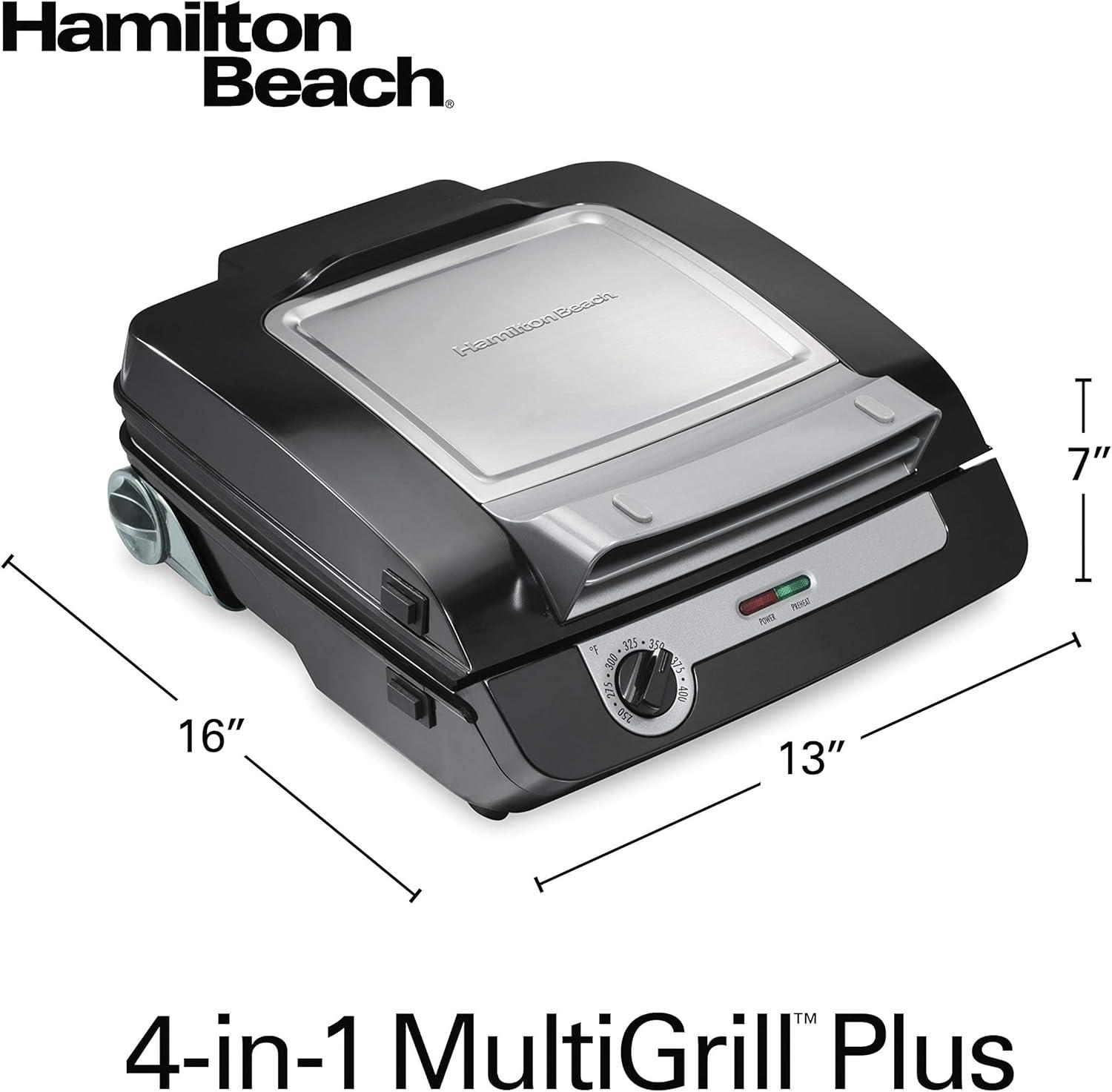 imageHamilton Beach 4in1 Indoor Grill amp Electric Griddle Combo with Bacon Cooker Opens Flat to Double Cooking Surface Removable Nonstick Plates Black amp Silver 256014in1