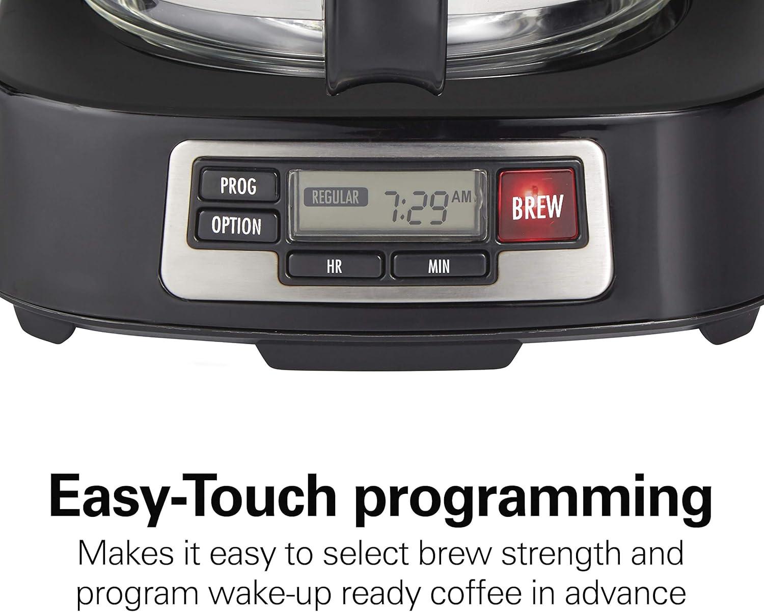 imageHamilton Beach 5 Cup Drip Coffee Maker with Easy FrontFill Basket Compact Design Programmable Clock Glass Carafe Auto Pause and Pour Black amp Stainless Steel 461115 Cup Programmable Clock
