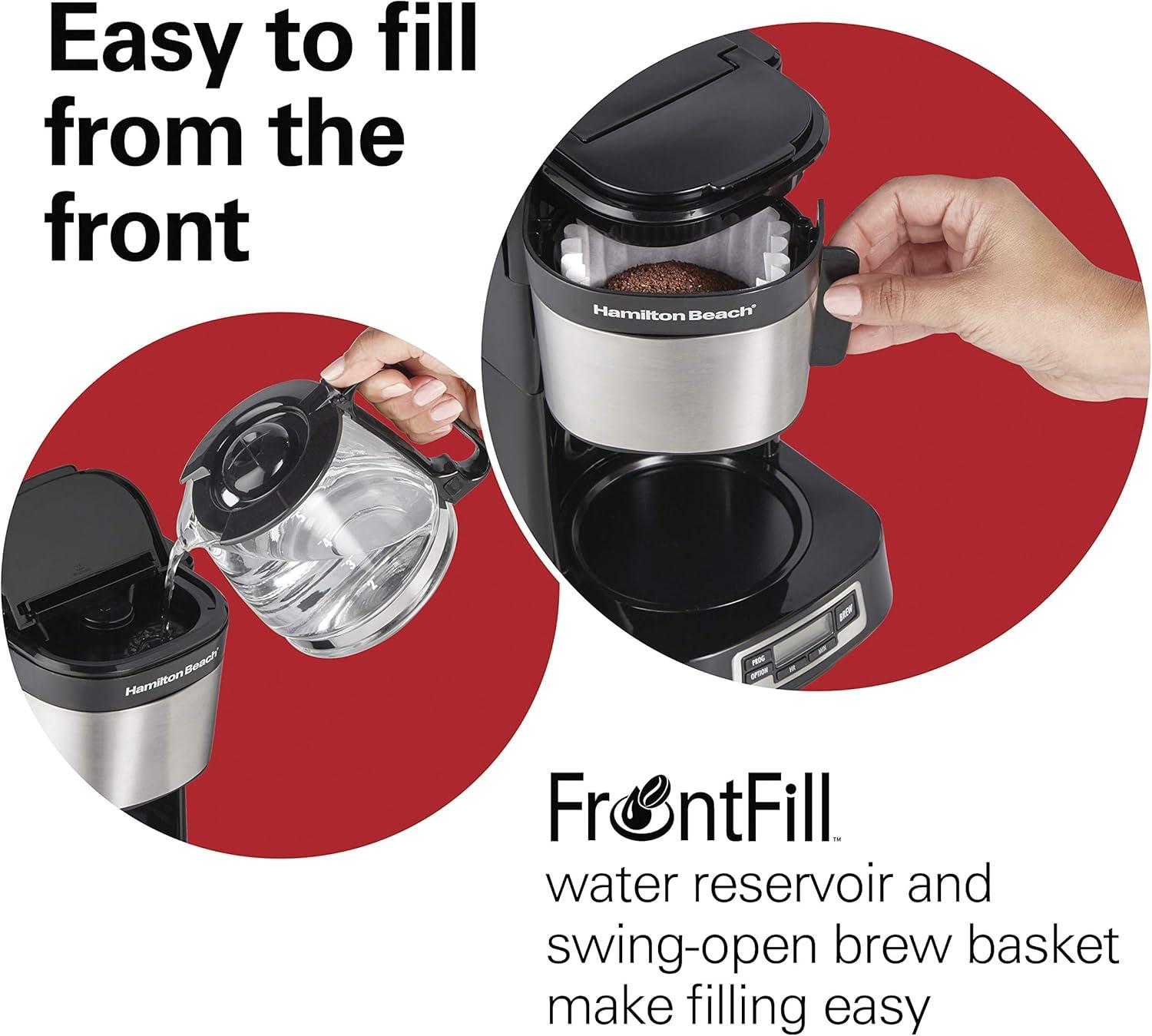 imageHamilton Beach 5 Cup Drip Coffee Maker with Easy FrontFill Basket Compact Design Programmable Clock Glass Carafe Auto Pause and Pour Black amp Stainless Steel 461115 Cup Programmable Clock