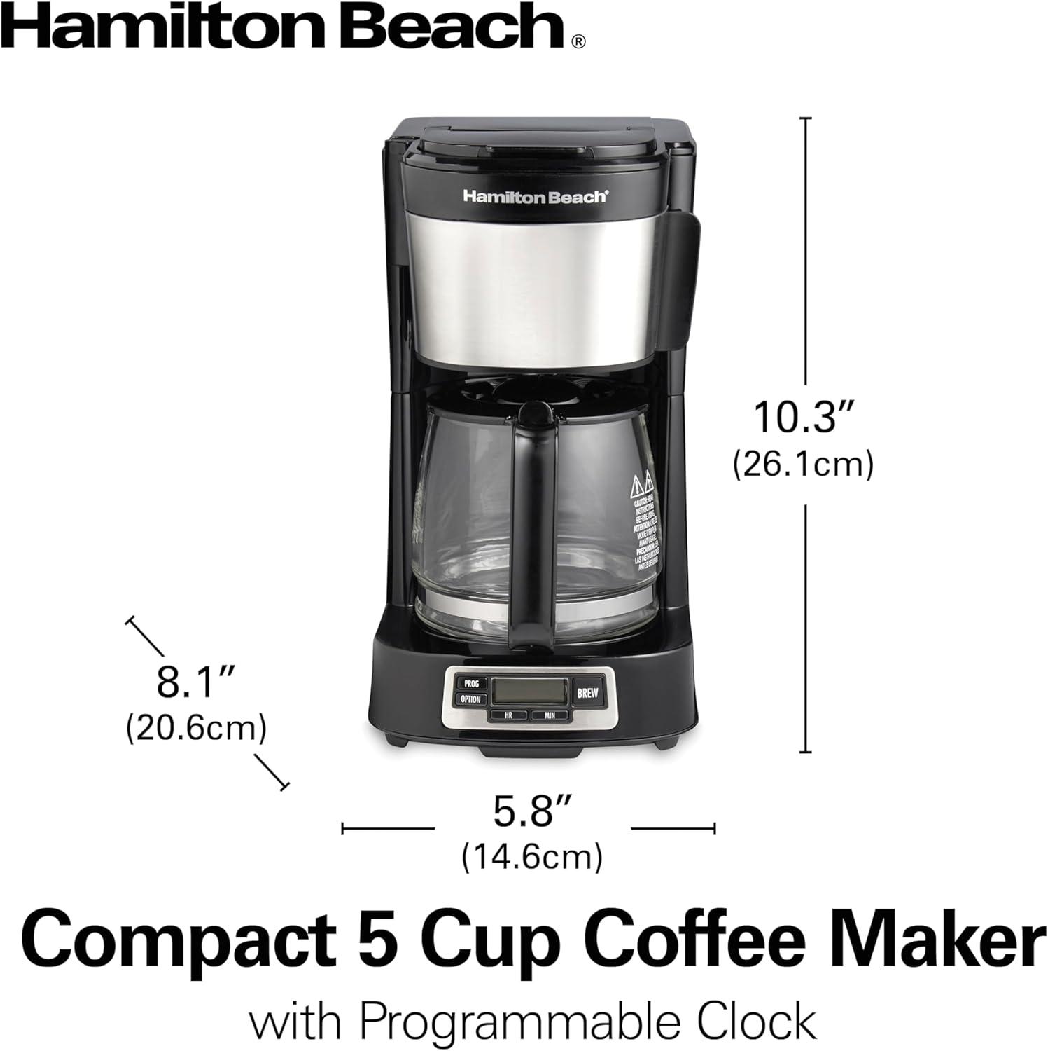 imageHamilton Beach 5 Cup Drip Coffee Maker with Easy FrontFill Basket Compact Design Programmable Clock Glass Carafe Auto Pause and Pour Black amp Stainless Steel 461115 Cup Programmable Clock