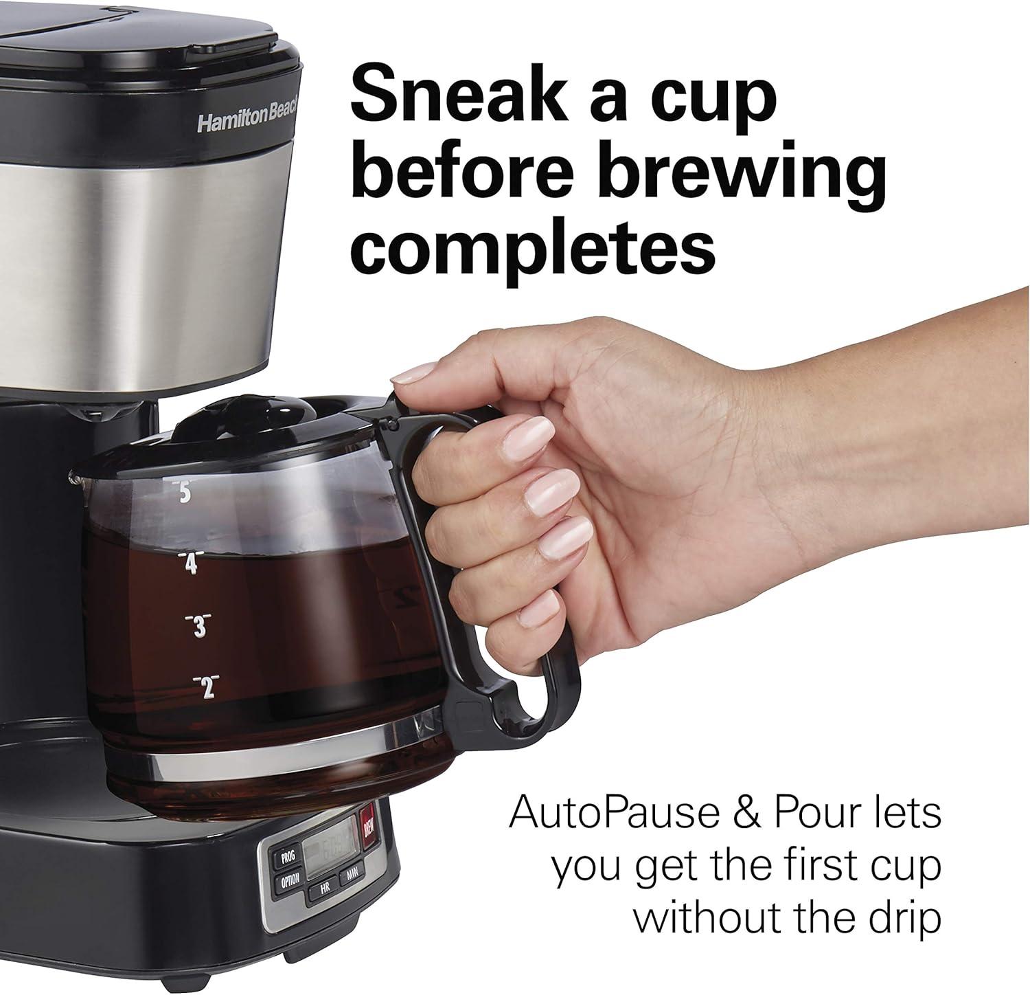 imageHamilton Beach 5 Cup Drip Coffee Maker with Easy FrontFill Basket Compact Design Programmable Clock Glass Carafe Auto Pause and Pour Black amp Stainless Steel 461115 Cup Programmable Clock