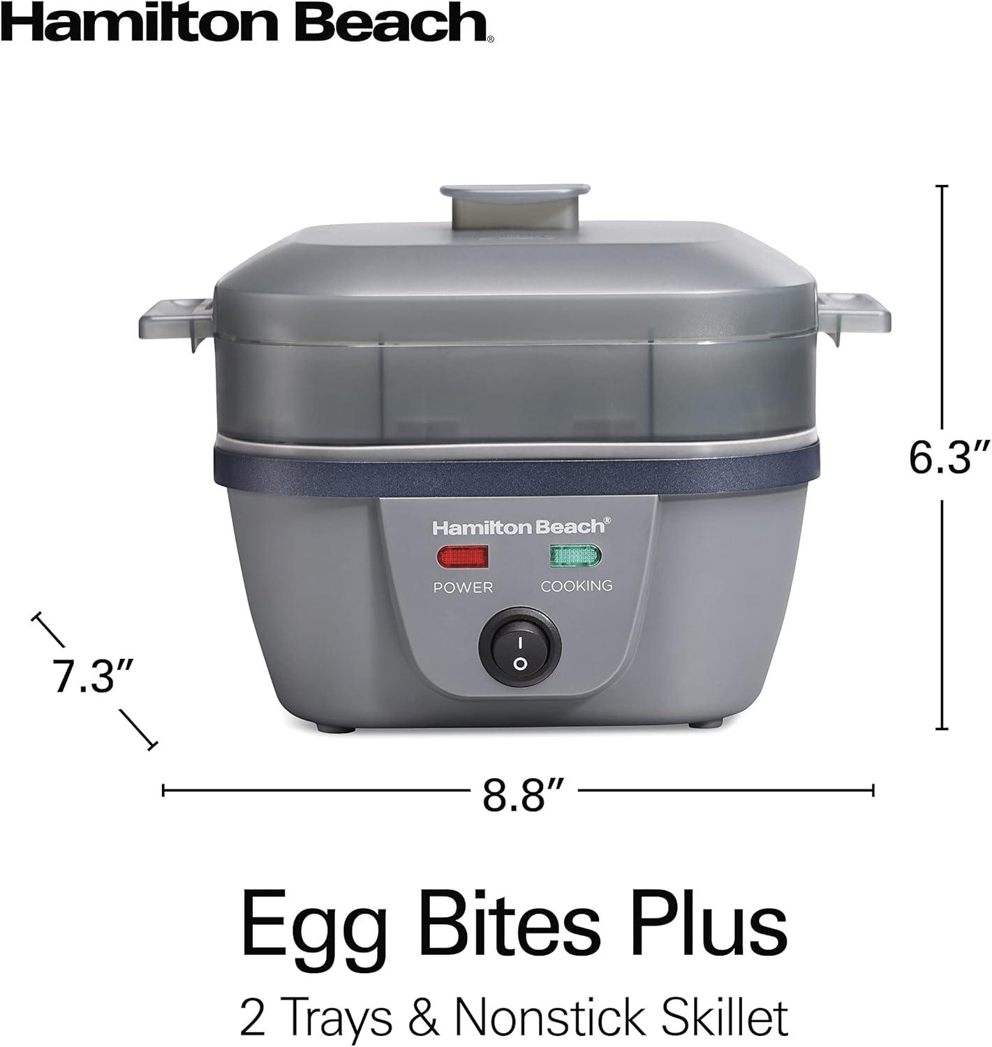 imageHamilton Beach 6in1 Electric Egg Cooker for Hard Boiled Eggs Sous Vide Style Egg Bite Maker and Poacher 525 NonStick Skillet for Omelets Scrambling amp Frying Grey 25510Grey
