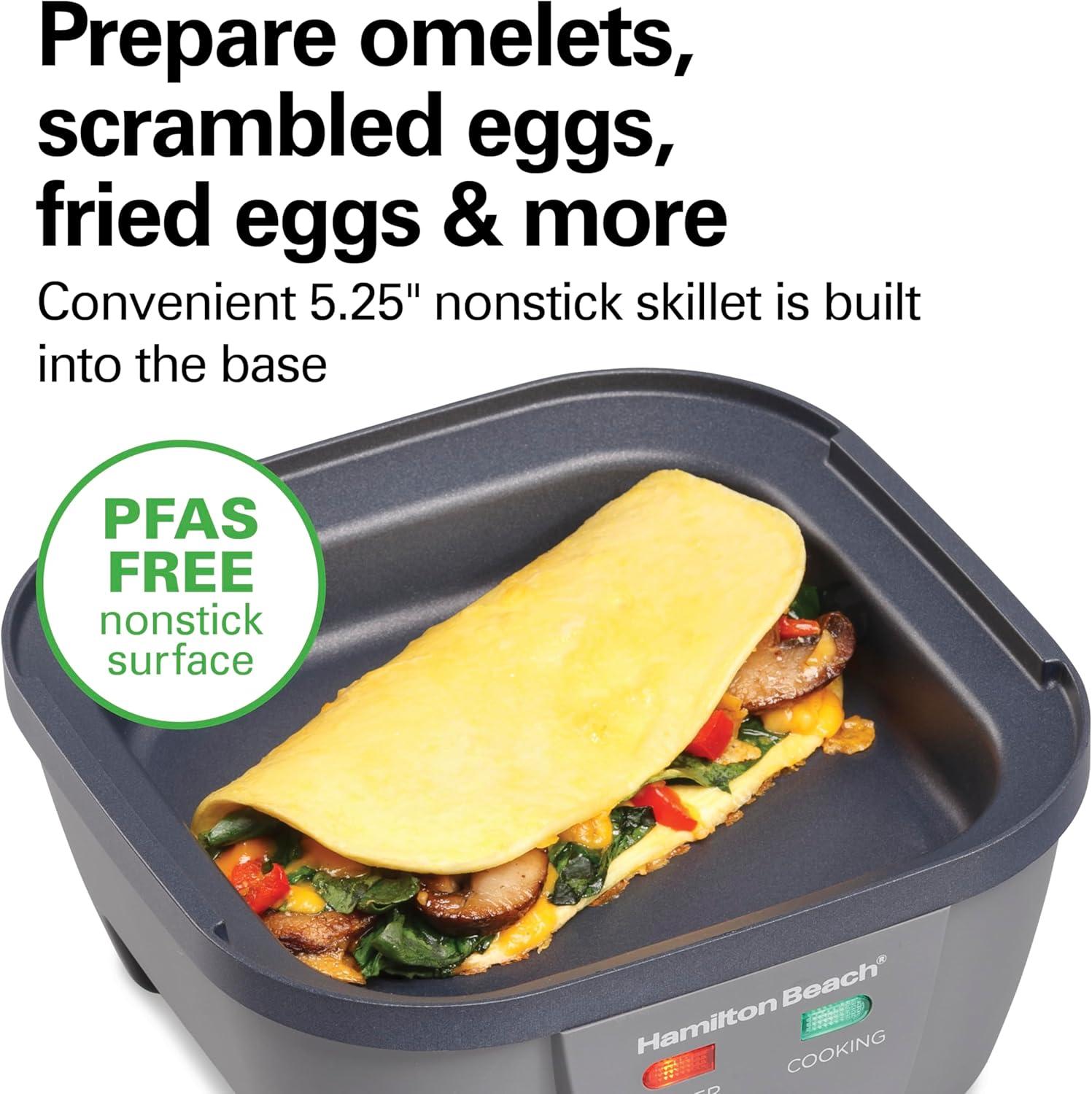 imageHamilton Beach 6in1 Electric Egg Cooker for Hard Boiled Eggs Sous Vide Style Egg Bite Maker and Poacher 525 NonStick Skillet for Omelets Scrambling amp Frying Grey 25510Grey