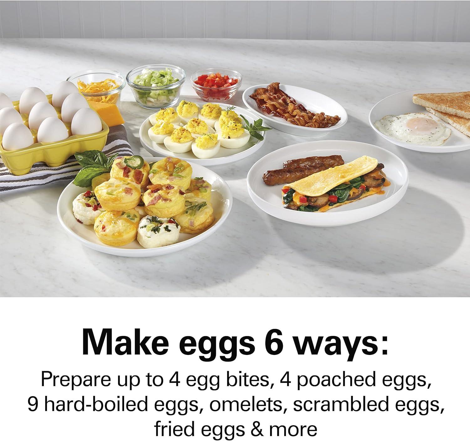 imageHamilton Beach 6in1 Electric Egg Cooker for Hard Boiled Eggs Sous Vide Style Egg Bite Maker and Poacher 525 NonStick Skillet for Omelets Scrambling amp Frying Grey 25510Grey