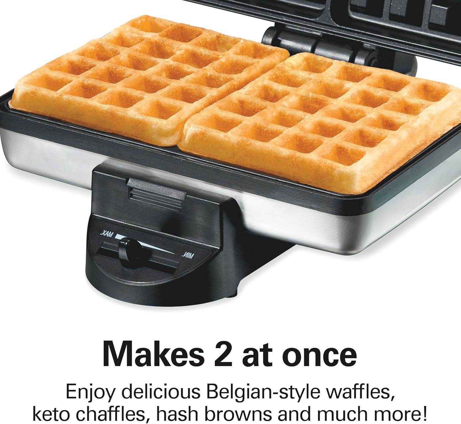 imageHamilton Beach Belgian Mini Waffle Maker with Shade Control Makes 2 at Once Create Personalized Keto Chaffles and Hash Browns PFASFree NonStick Plates Compact Design Stainless Steel 26009Makes 2 at Once Pack of 1