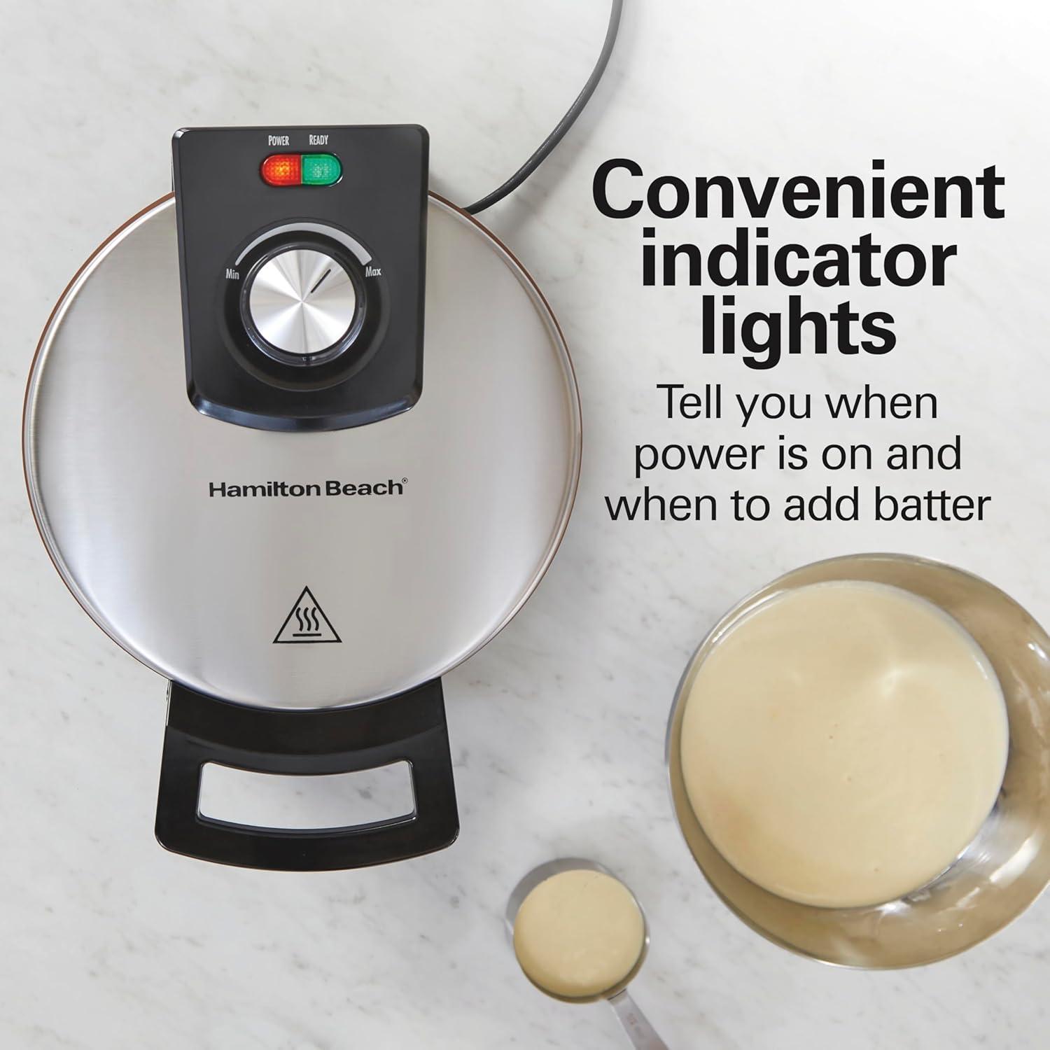 imageHamilton Beach Belgian Waffle Maker with PFASFree NonStick CeramicCoated Plates Browning Control Indicator Lights Stainless Steel 26081Indicator Lights