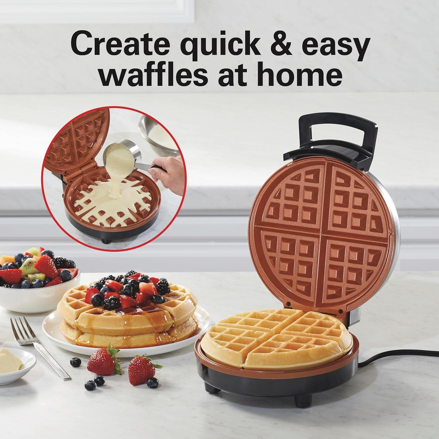 imageHamilton Beach Belgian Waffle Maker with PFASFree NonStick CeramicCoated Plates Browning Control Indicator Lights Stainless Steel 26081Indicator Lights Pack of 2