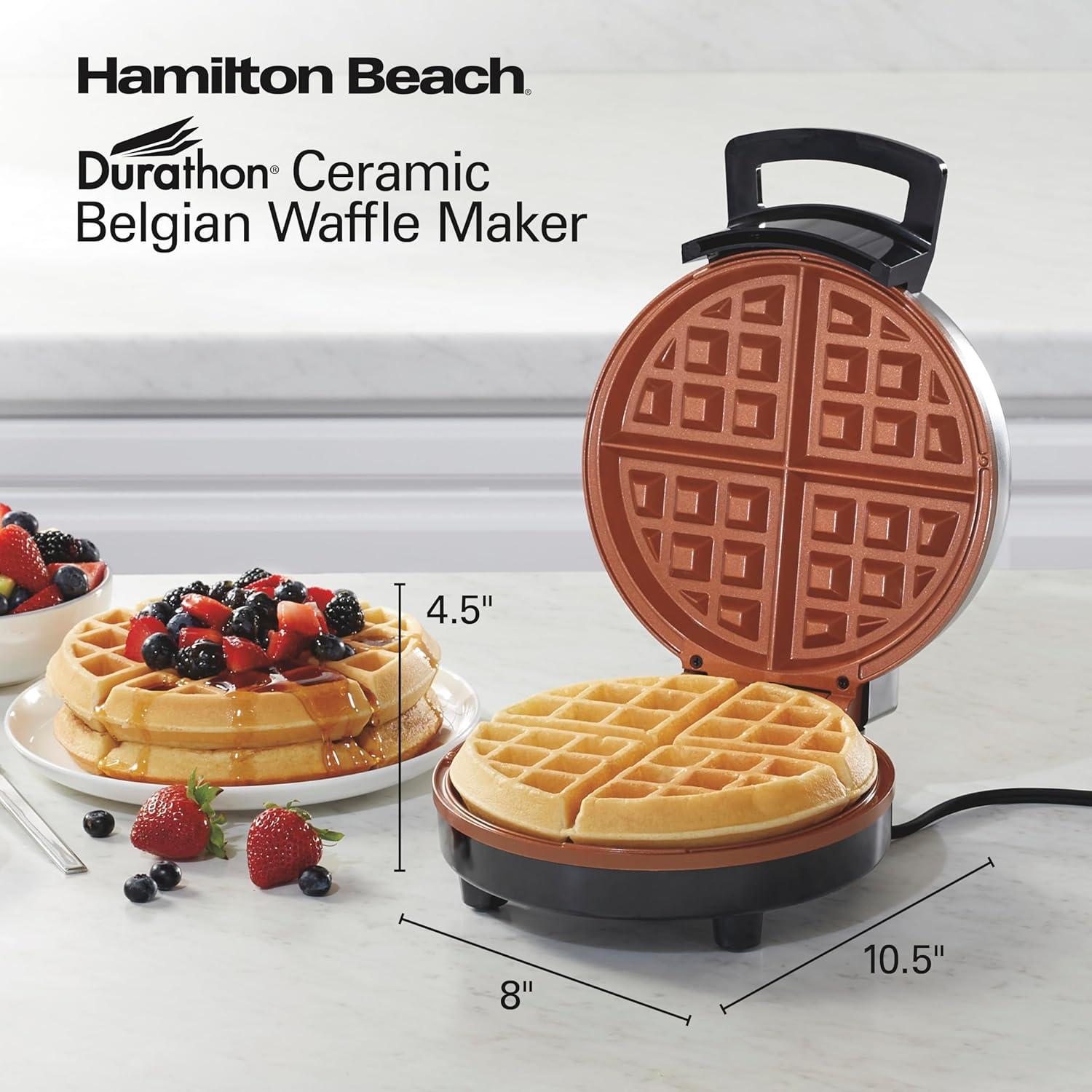 imageHamilton Beach Belgian Waffle Maker with PFASFree NonStick CeramicCoated Plates Browning Control Indicator Lights Stainless Steel 26081Indicator Lights Pack of 2