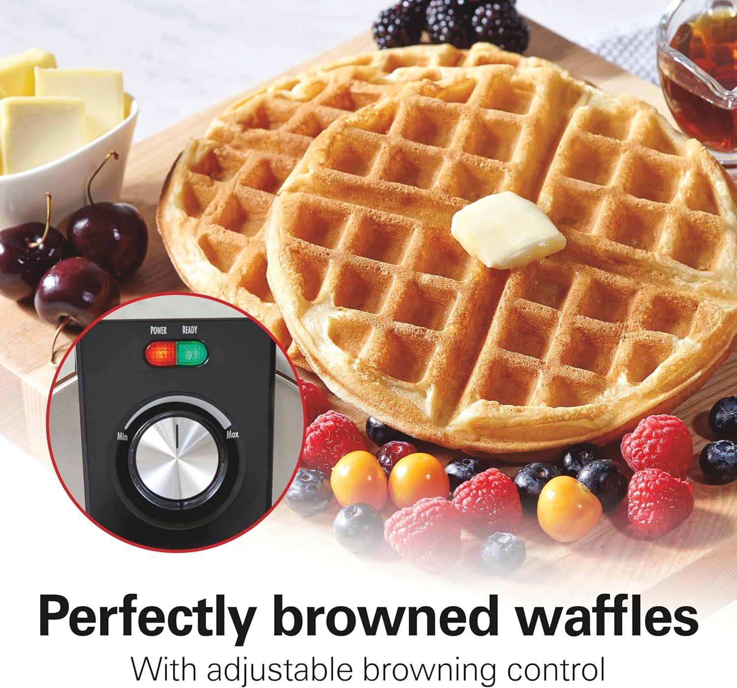 imageHamilton Beach Belgian Waffle Maker with PFASFree NonStick CeramicCoated Plates Browning Control Indicator Lights Stainless Steel 26081Indicator Lights Pack of 2