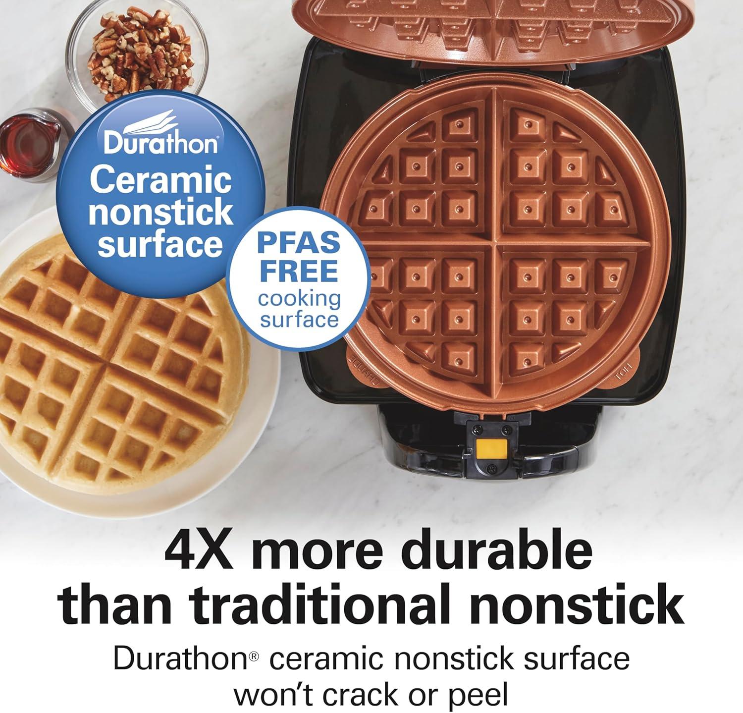 imageHamilton Beach Belgian Waffle Maker with Removable PFASFree Durathon Nonstick Coated Plates Easy Flip Ceramic Grids Black 26031Black