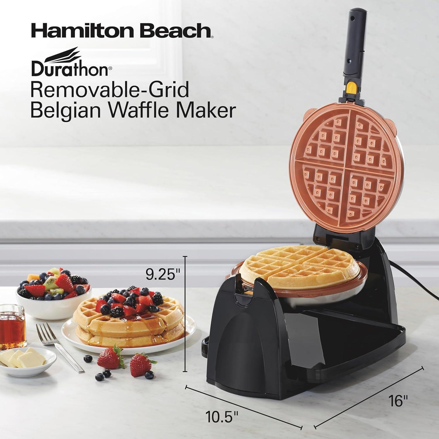 imageHamilton Beach Belgian Waffle Maker with Removable PFASFree Durathon Nonstick Coated Plates Easy Flip Ceramic Grids Black 26031Black