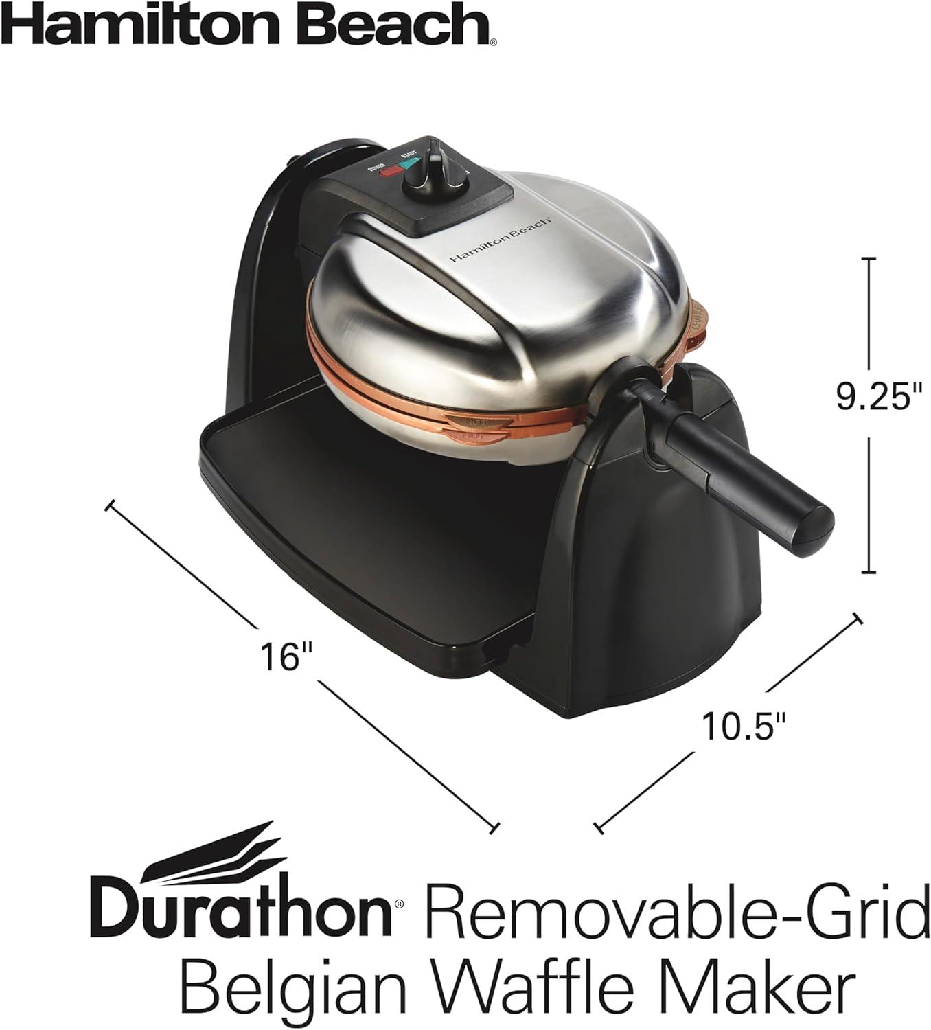imageHamilton Beach Belgian Waffle Maker with Removable PFASFree Durathon Nonstick Coated Plates Easy Flip Ceramic Grids Black 26031Black