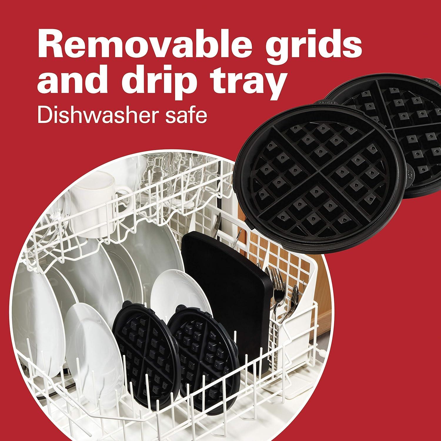 imageHamilton Beach Belgian Waffle Maker with Removable PFASFree Durathon Nonstick Coated Plates Easy Flip Ceramic Grids Black 26031Stainless Steel
