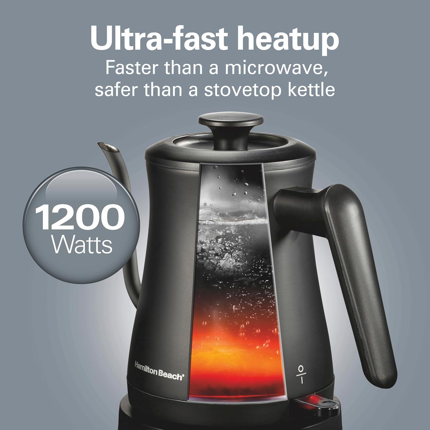 imageHamilton Beach Compact 20 oz 06 Liter Gooseneck Electric Kettle for Boiling Water Pour Over Coffee Tea Ultra Fast Heating With 1200 Watts Stainless Steel BPAFree Interior Black 4104506 Quarts