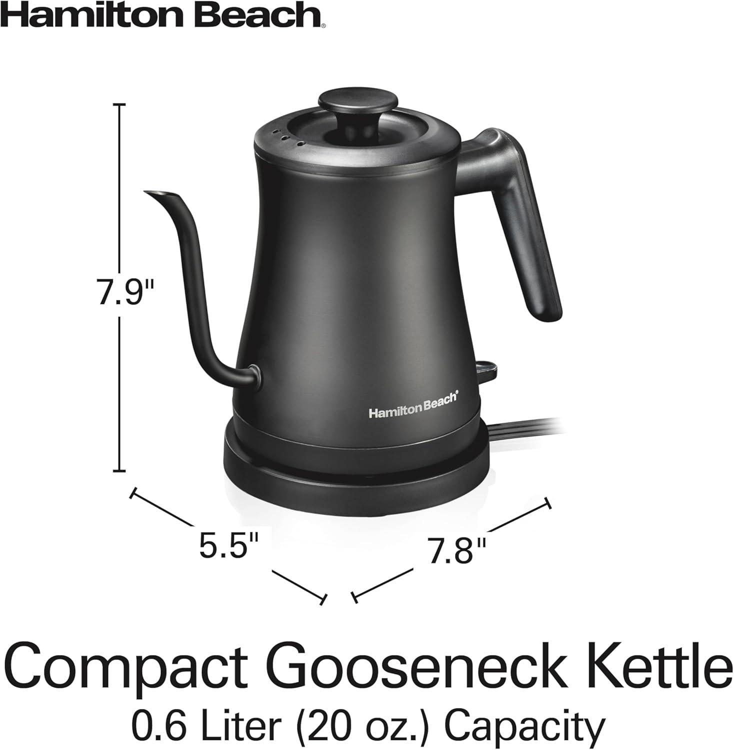 imageHamilton Beach Compact 20 oz 06 Liter Gooseneck Electric Kettle for Boiling Water Pour Over Coffee Tea Ultra Fast Heating With 1200 Watts Stainless Steel BPAFree Interior Black 4104506 Quarts