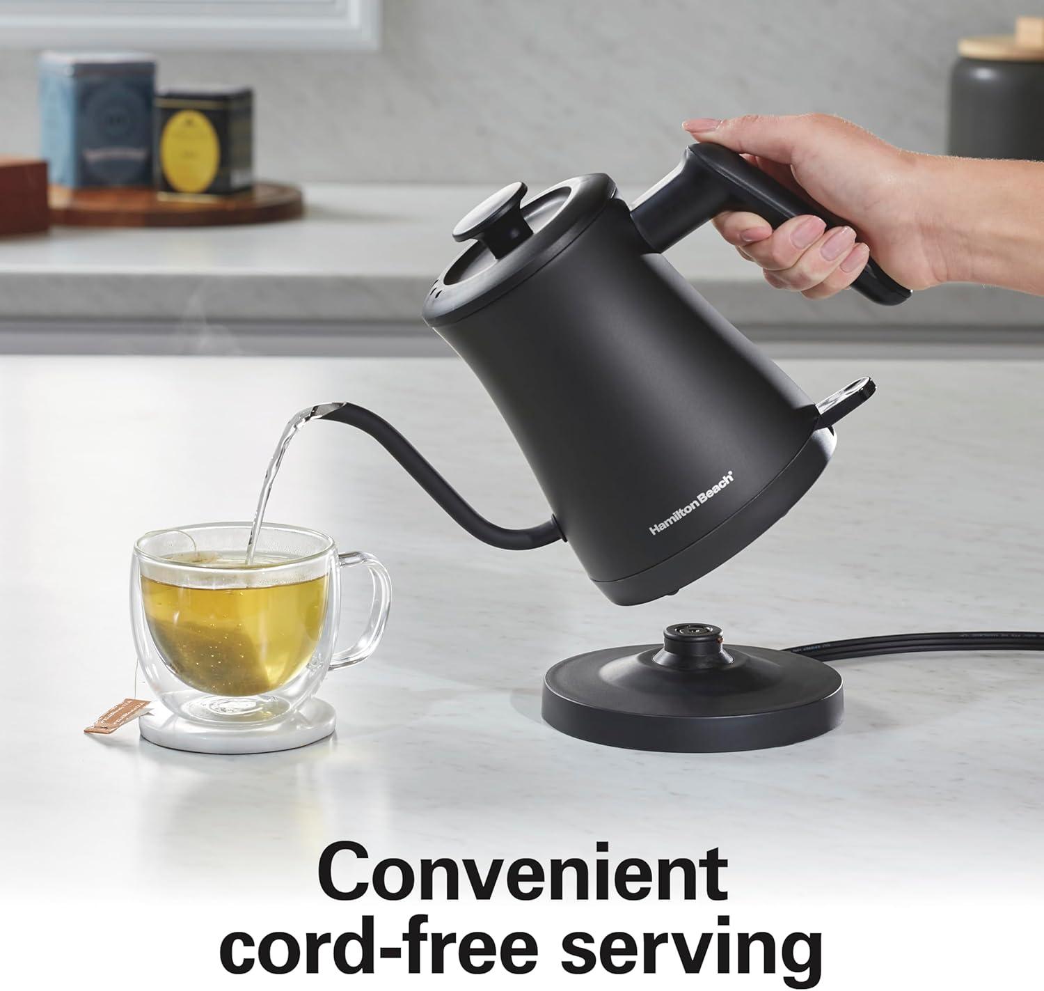 imageHamilton Beach Compact 20 oz 06 Liter Gooseneck Electric Kettle for Boiling Water Pour Over Coffee Tea Ultra Fast Heating With 1200 Watts Stainless Steel BPAFree Interior Black 4104506 Quarts