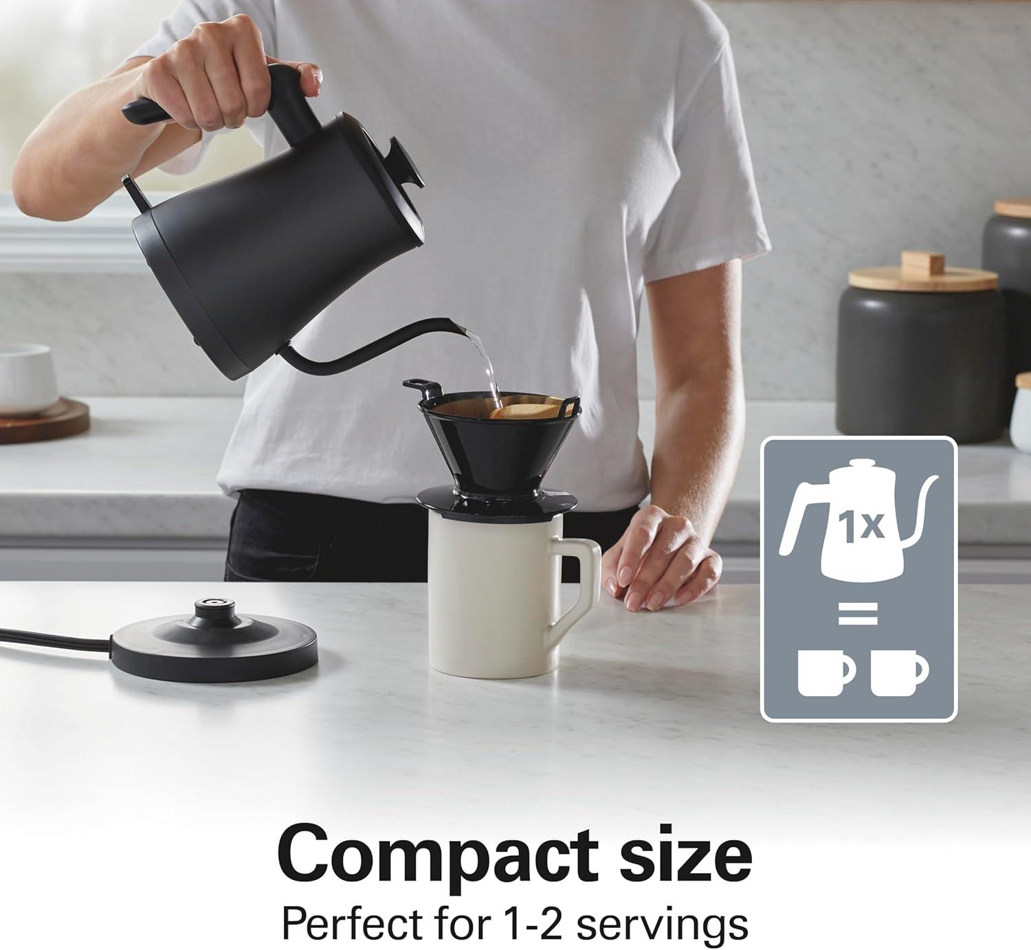 imageHamilton Beach Compact 20 oz 06 Liter Gooseneck Electric Kettle for Boiling Water Pour Over Coffee Tea Ultra Fast Heating With 1200 Watts Stainless Steel BPAFree Interior Black 4104506 Quarts
