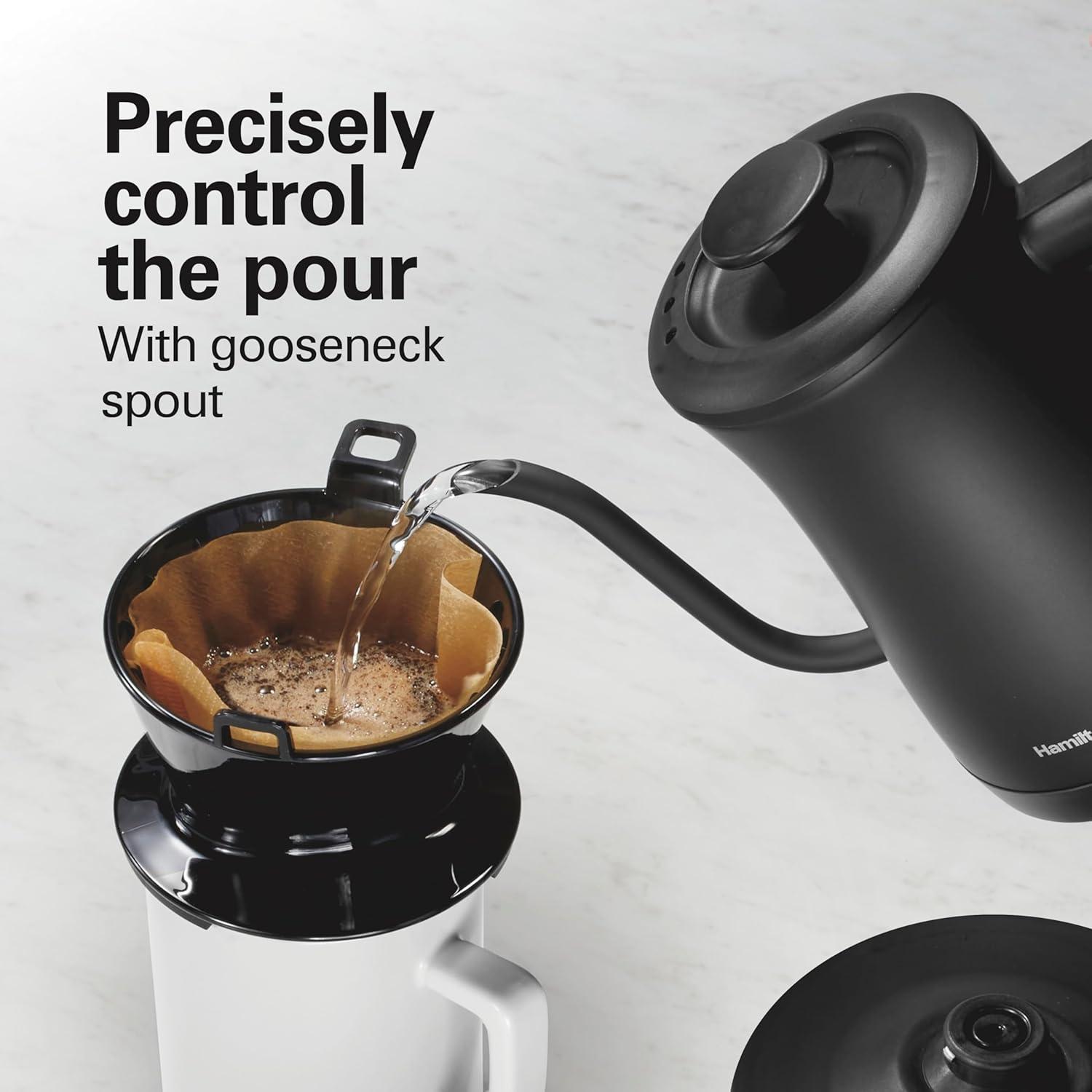 imageHamilton Beach Compact 20 oz 06 Liter Gooseneck Electric Kettle for Boiling Water Pour Over Coffee Tea Ultra Fast Heating With 1200 Watts Stainless Steel BPAFree Interior Black 4104506 Quarts