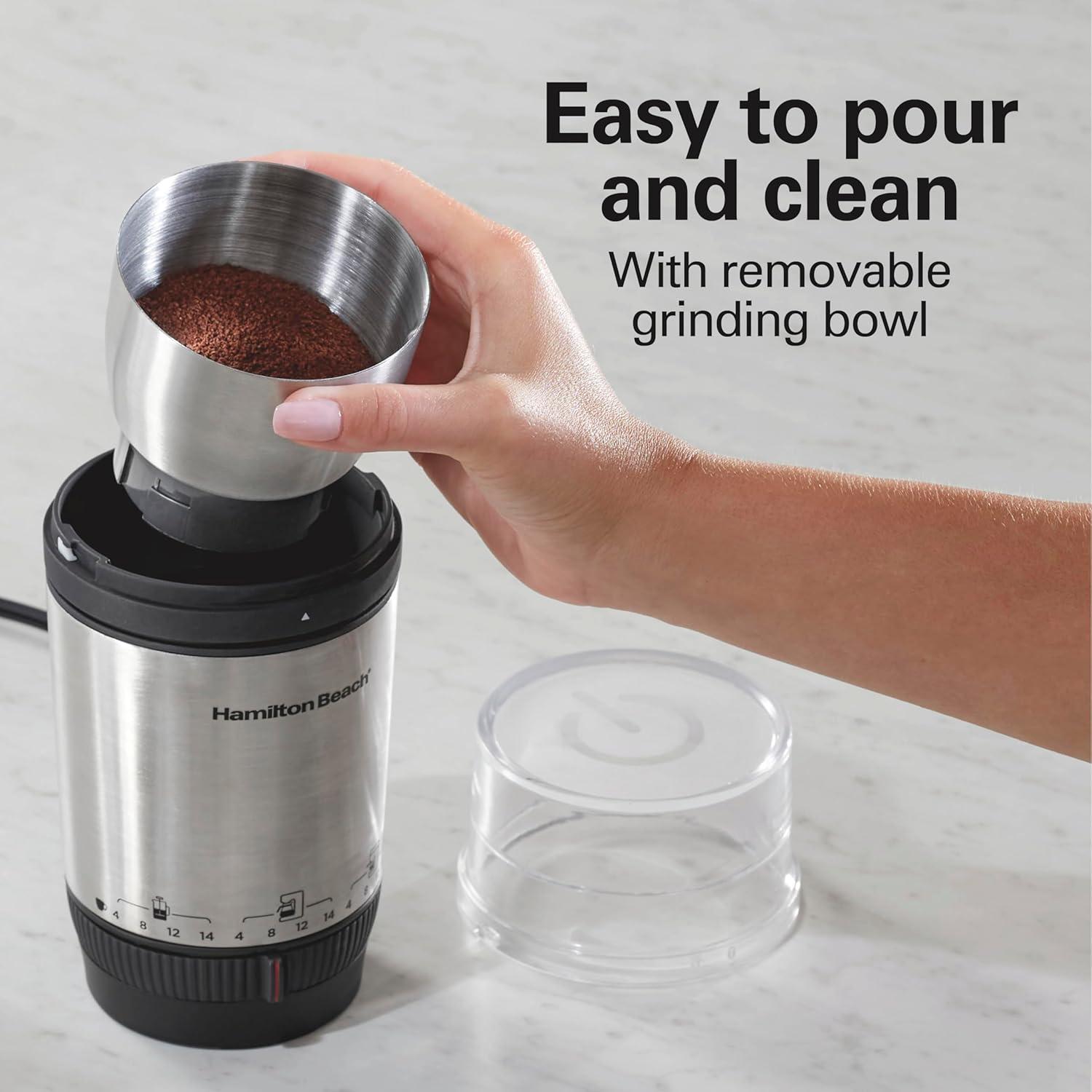 imageHamilton Beach Custom Grind Electric Coffee Grinder for 414 Cups OnePress HandFree Operation with Auto Shutoff Removable Grinding Bowl For Easy Pour and Clean Stainless Steel 80406