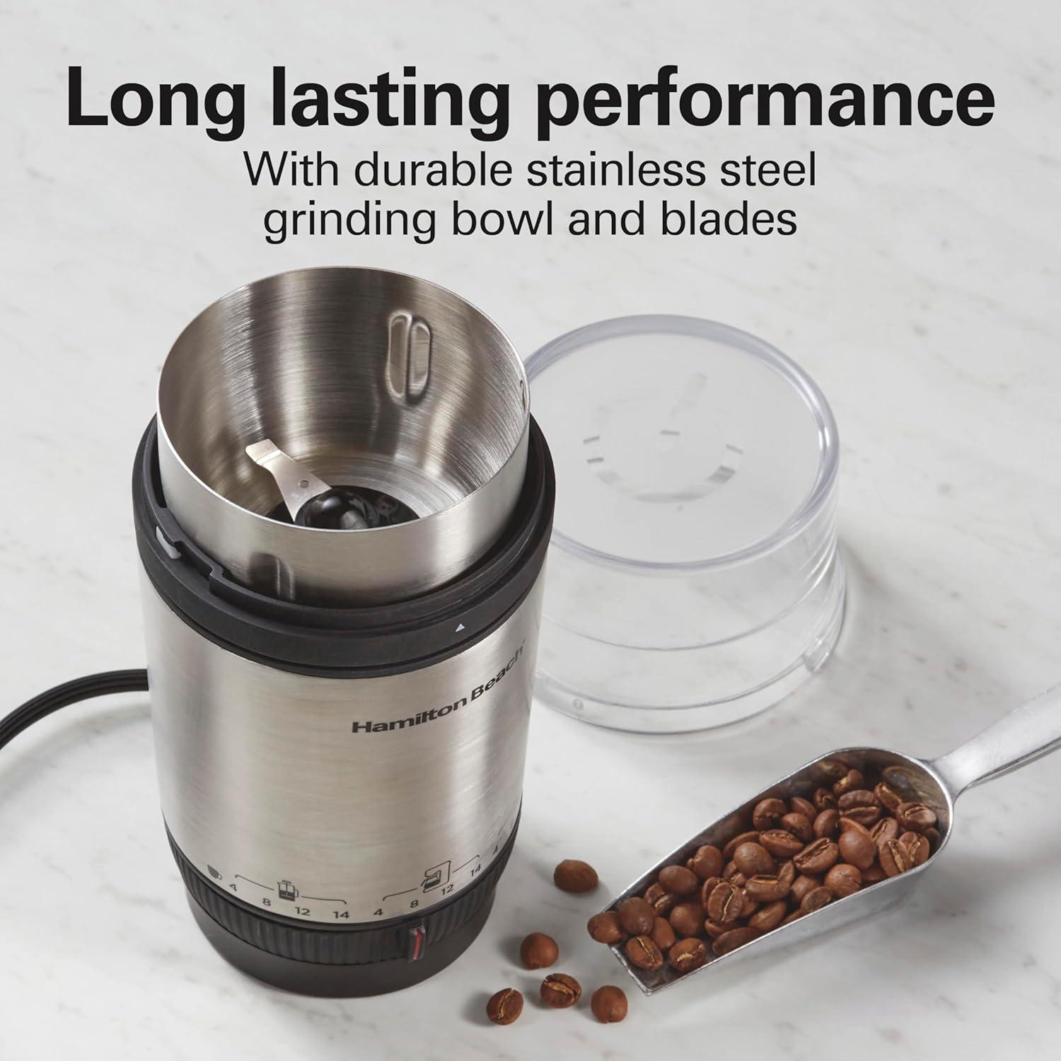 imageHamilton Beach Custom Grind Electric Coffee Grinder for 414 Cups OnePress HandFree Operation with Auto Shutoff Removable Grinding Bowl For Easy Pour and Clean Stainless Steel 80406