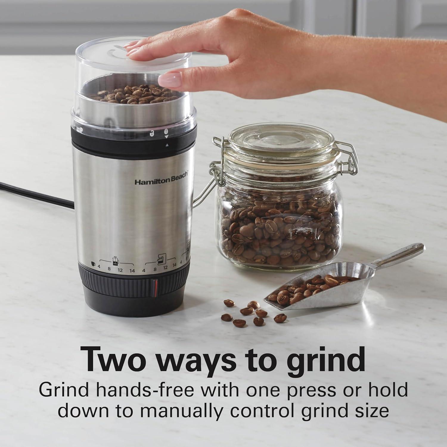 imageHamilton Beach Custom Grind Electric Coffee Grinder for 414 Cups OnePress HandFree Operation with Auto Shutoff Removable Grinding Bowl For Easy Pour and Clean Stainless Steel 80406