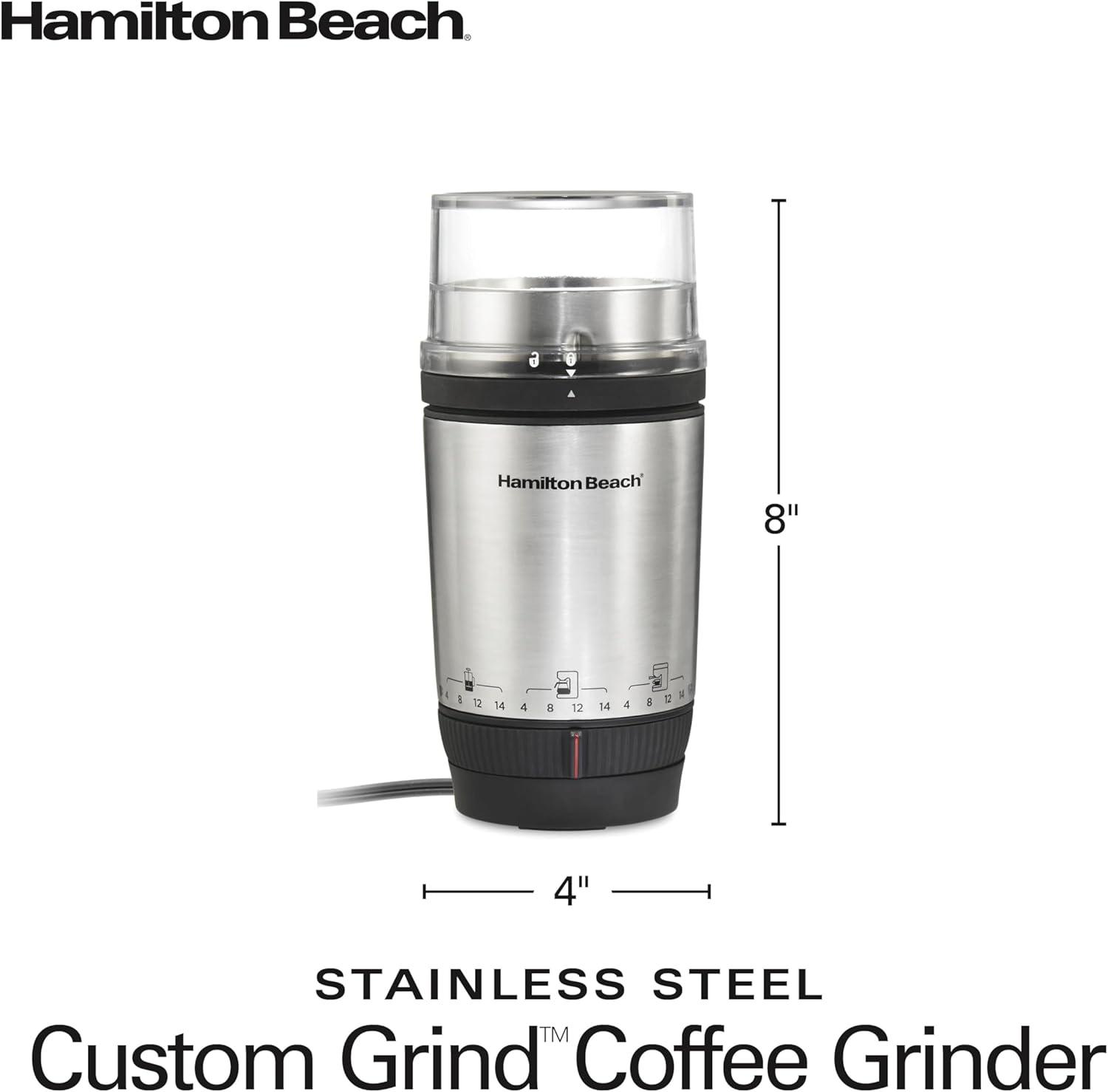 imageHamilton Beach Custom Grind Electric Coffee Grinder for 414 Cups OnePress HandFree Operation with Auto Shutoff Removable Grinding Bowl For Easy Pour and Clean Stainless Steel 80406