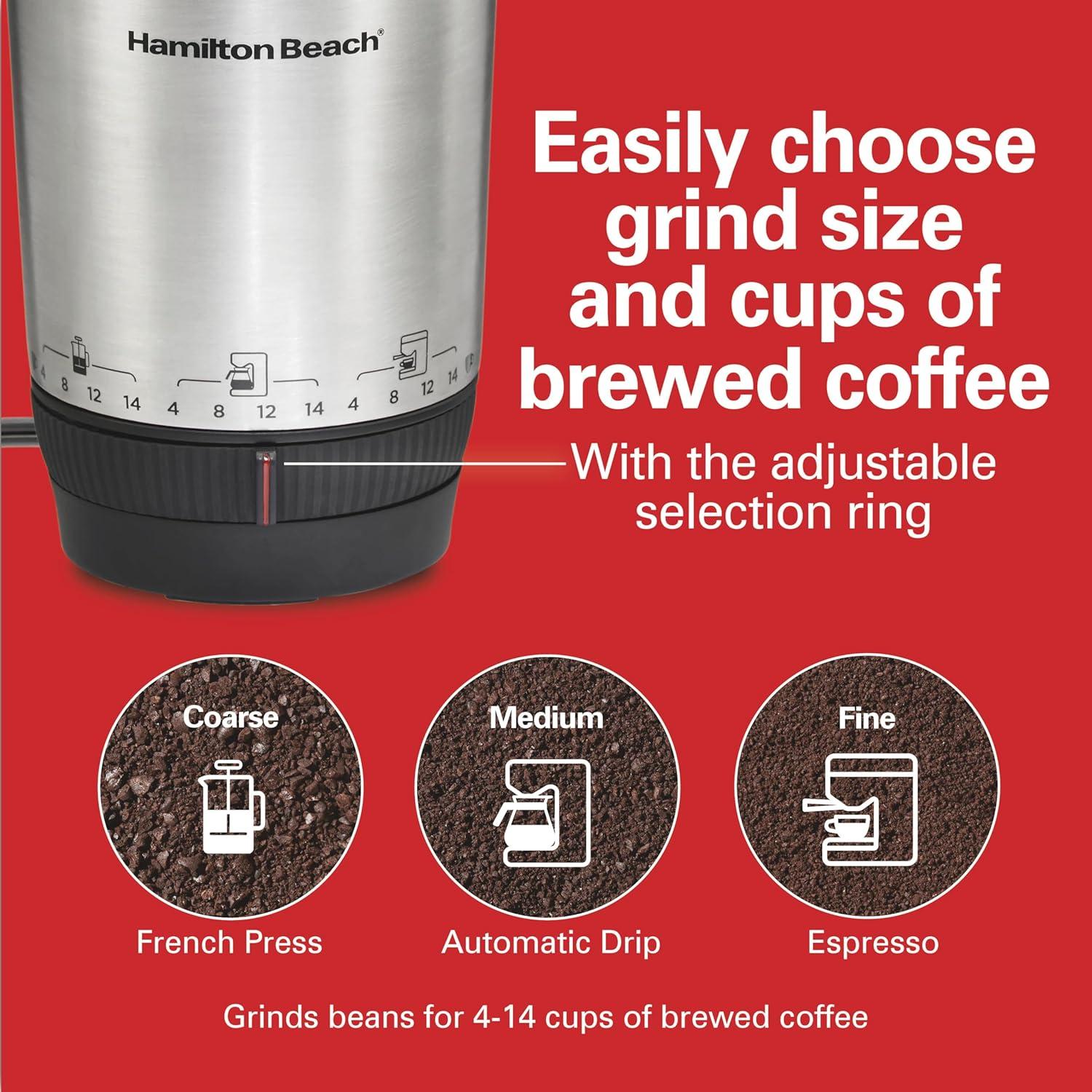 imageHamilton Beach Custom Grind Electric Coffee Grinder for 414 Cups OnePress HandFree Operation with Auto Shutoff Removable Grinding Bowl For Easy Pour and Clean Stainless Steel 80406
