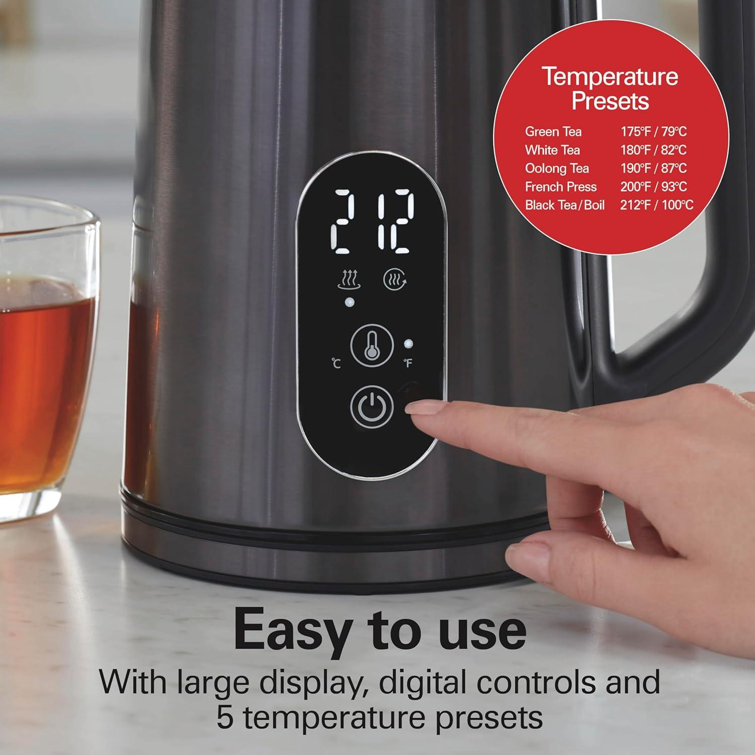 imageHamilton Beach Digital Temperature Control Electric Tea Kettle Hot Water Boiler amp Heater 17L 5 Preset Modes Keep Warm Fast Boil 1500 Watts BPA Free Double Wall Construction Black 40851