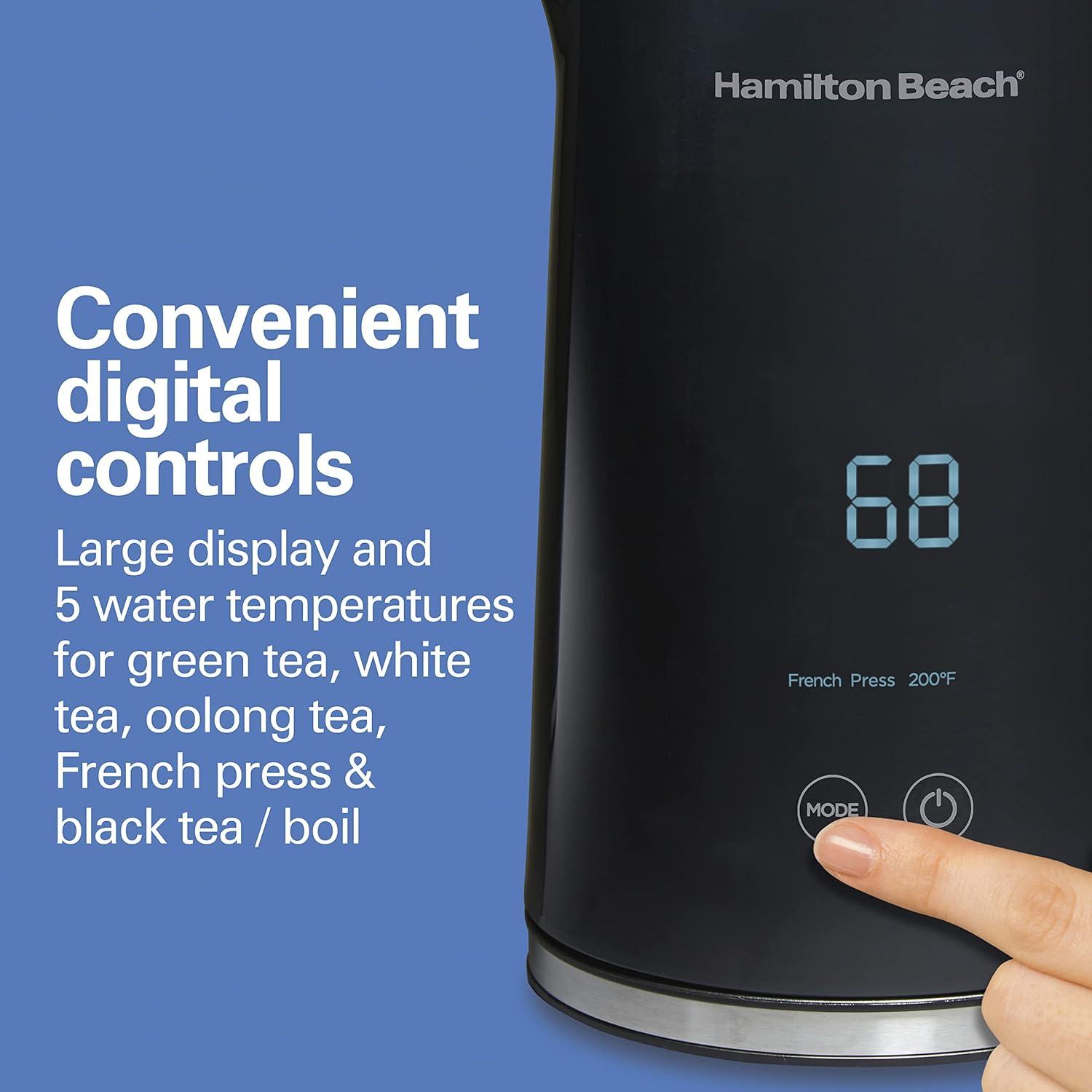 imageHamilton Beach Digital Temperature Control Electric Tea Kettle Hot Water Boiler amp Heater 17L 5 Preset Modes Keep Warm Fast Boil 1500 Watts BPA Free CoolTouch Exterior Black 4103318 Quarts
